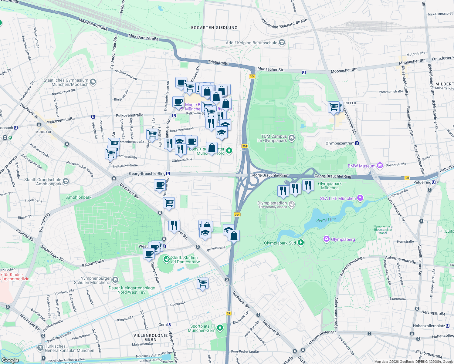 map of restaurants, bars, coffee shops, grocery stores, and more near 23-25 Georg-Brauchle-Ring in München