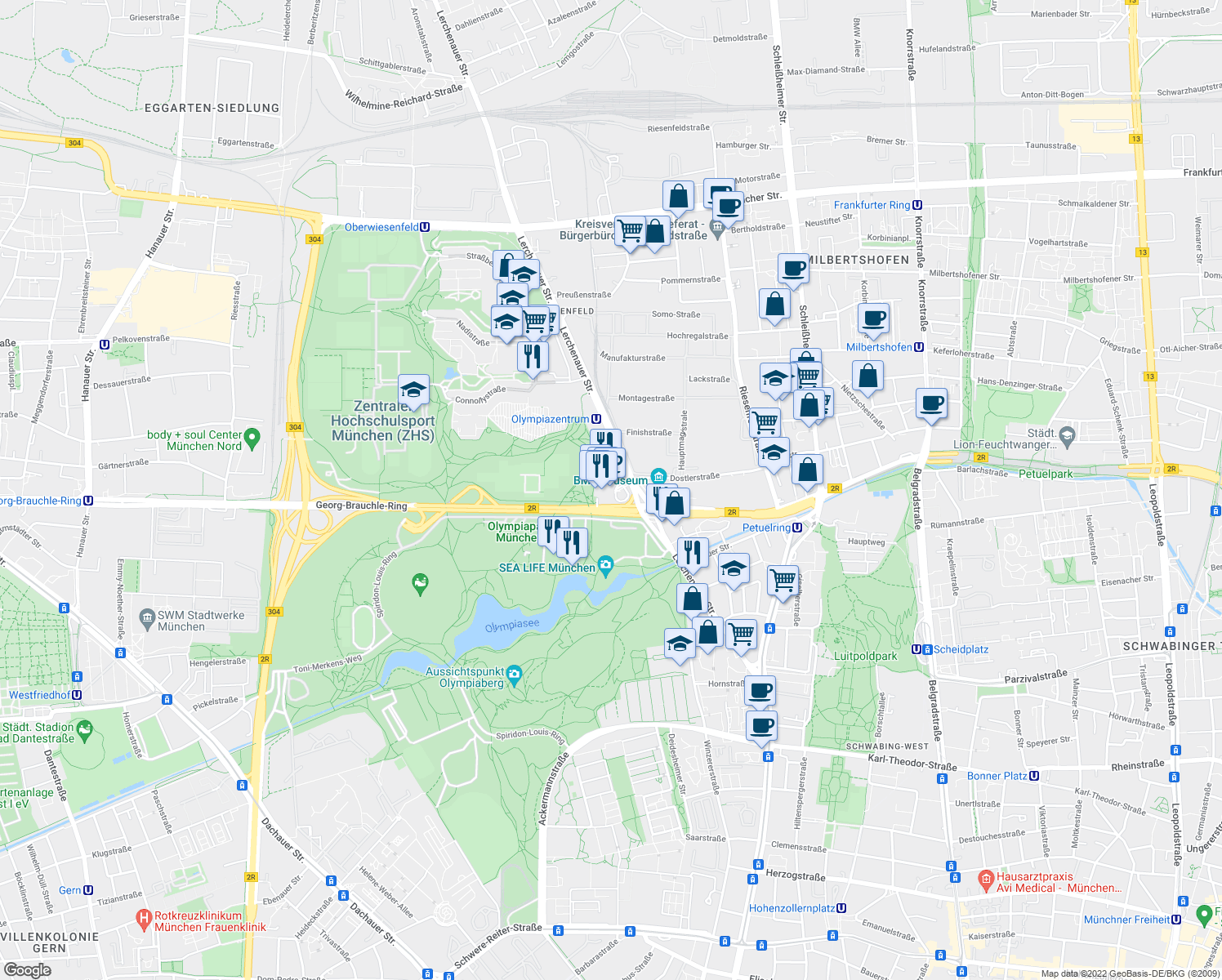 map of restaurants, bars, coffee shops, grocery stores, and more near 1 Am Olympiapark in Munich