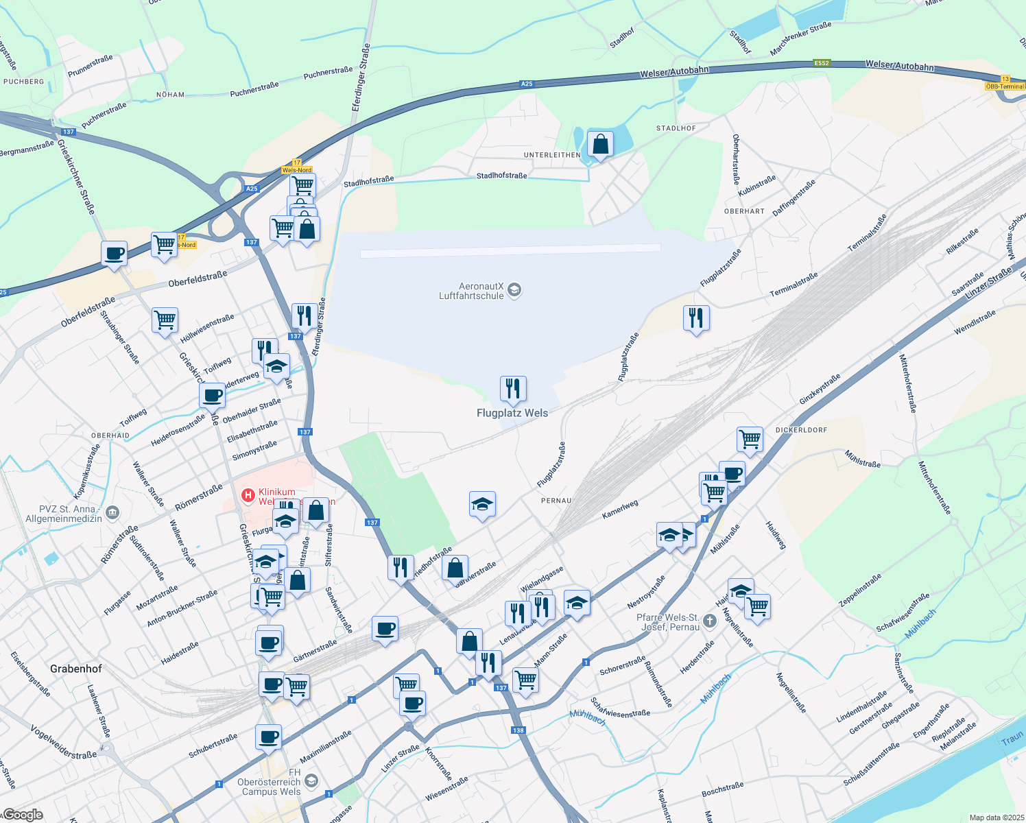 map of restaurants, bars, coffee shops, grocery stores, and more near 1 Flugplatzstraße in Wels