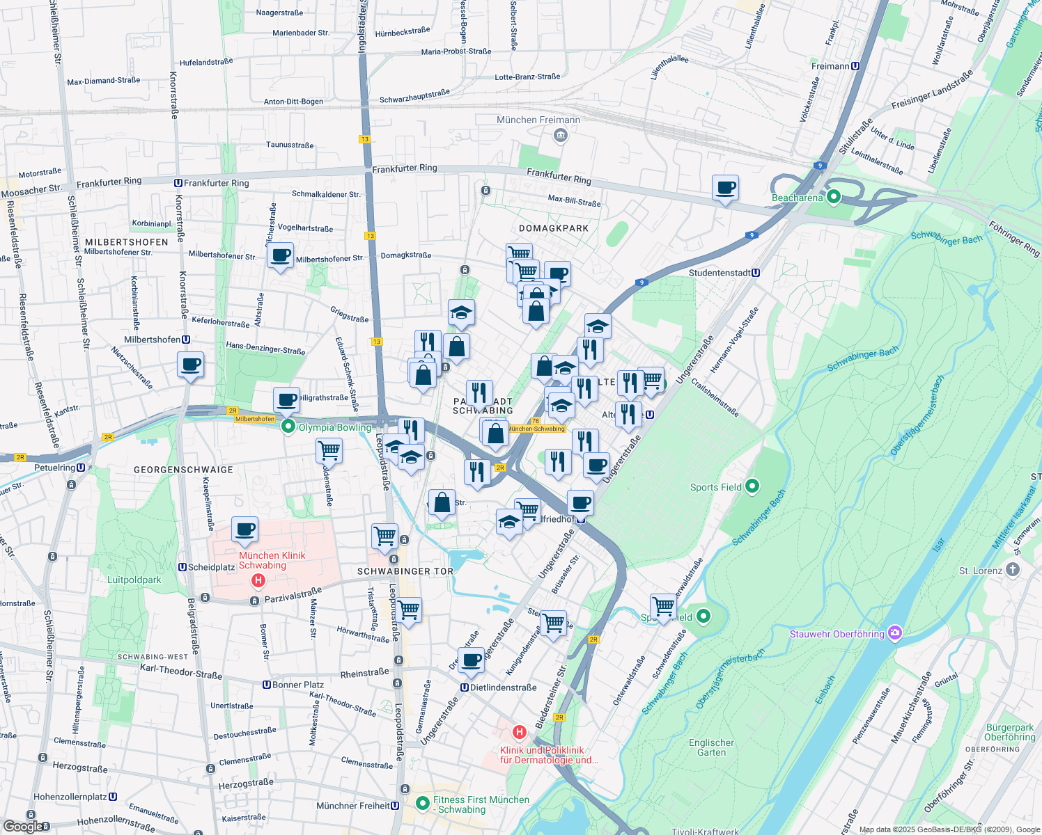 map of restaurants, bars, coffee shops, grocery stores, and more near 5 Walter-Gropius-Straße in München