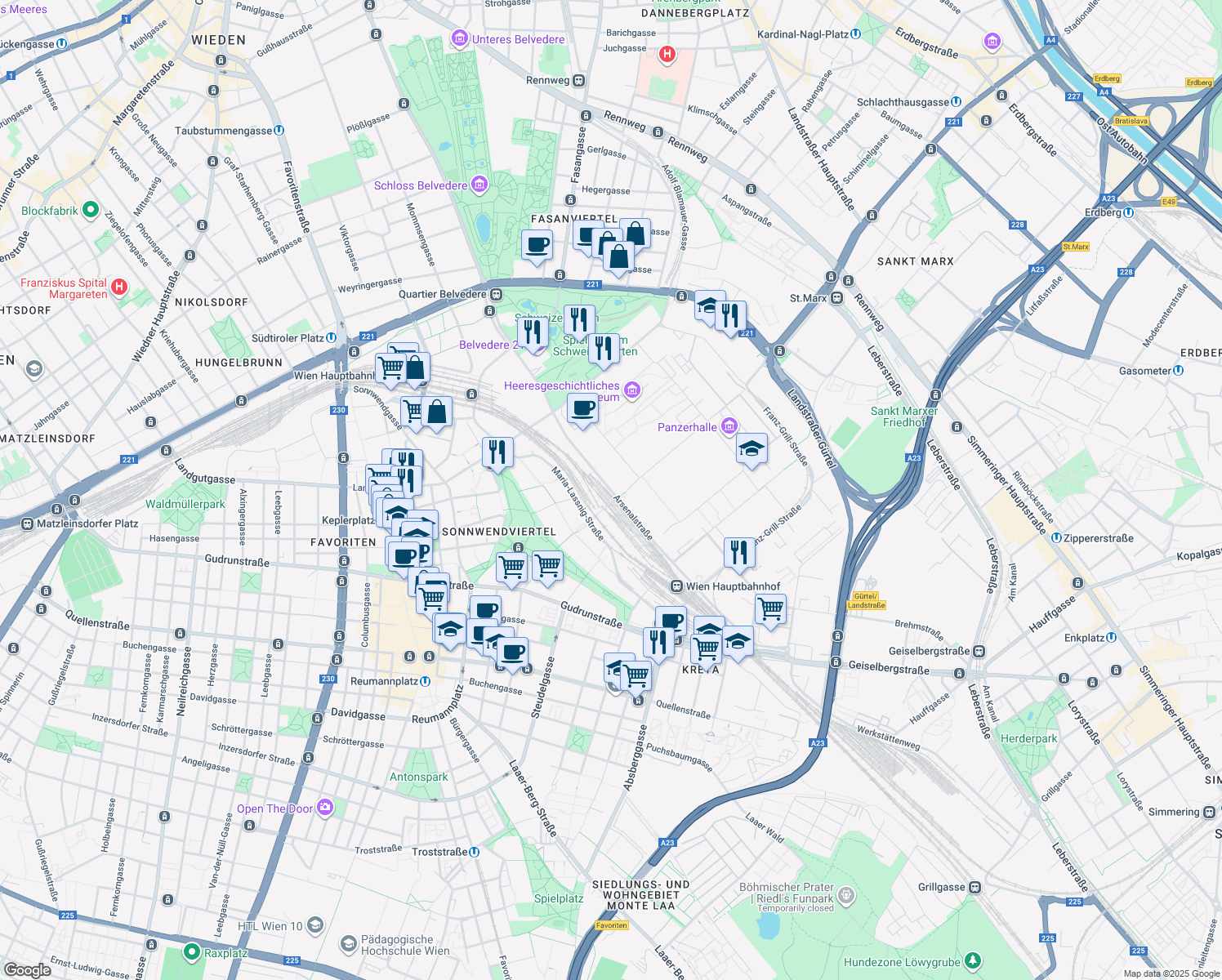 map of restaurants, bars, coffee shops, grocery stores, and more near Arsenalstraße in Wien