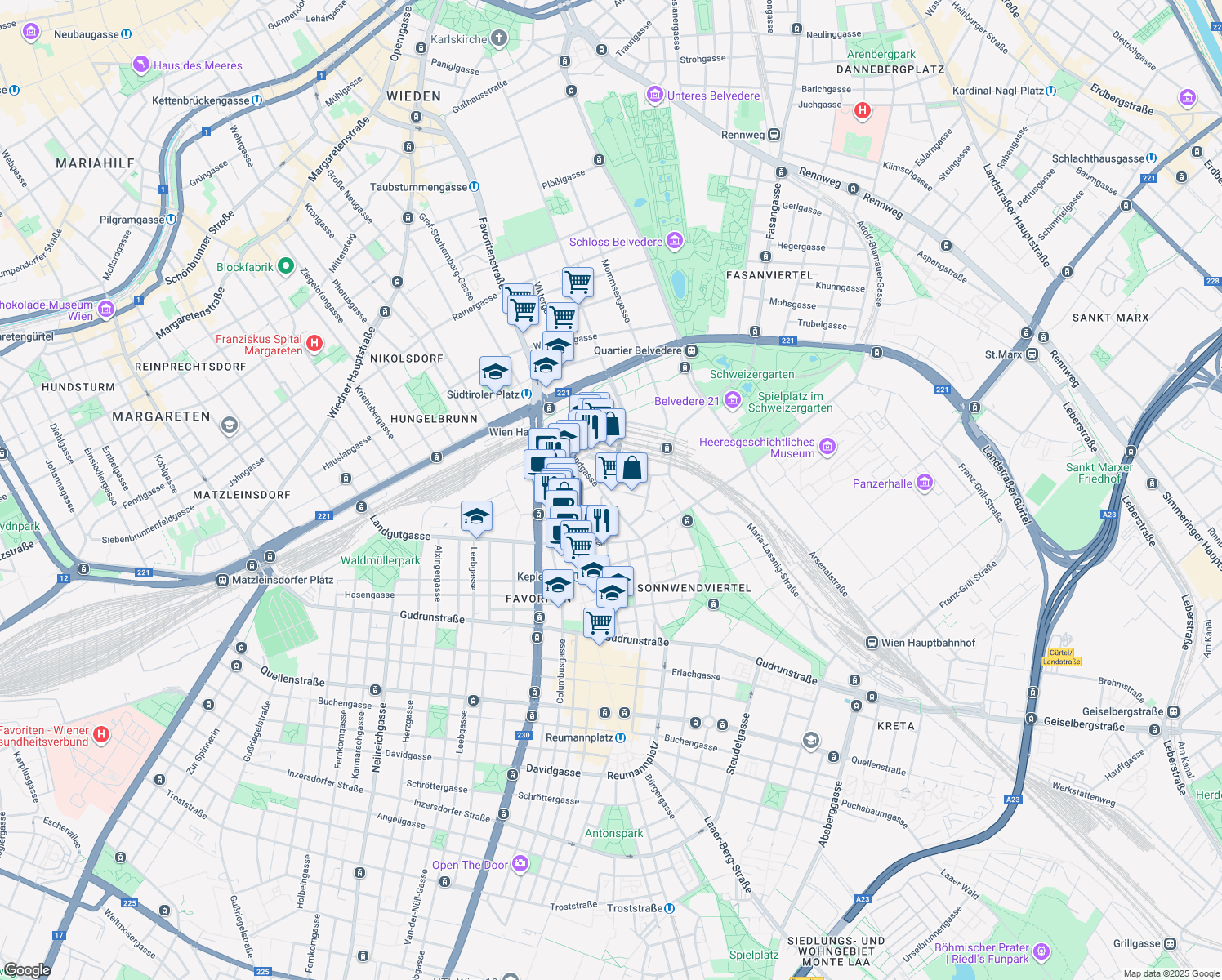 map of restaurants, bars, coffee shops, grocery stores, and more near 13-15 Sonnwendgasse in Wien