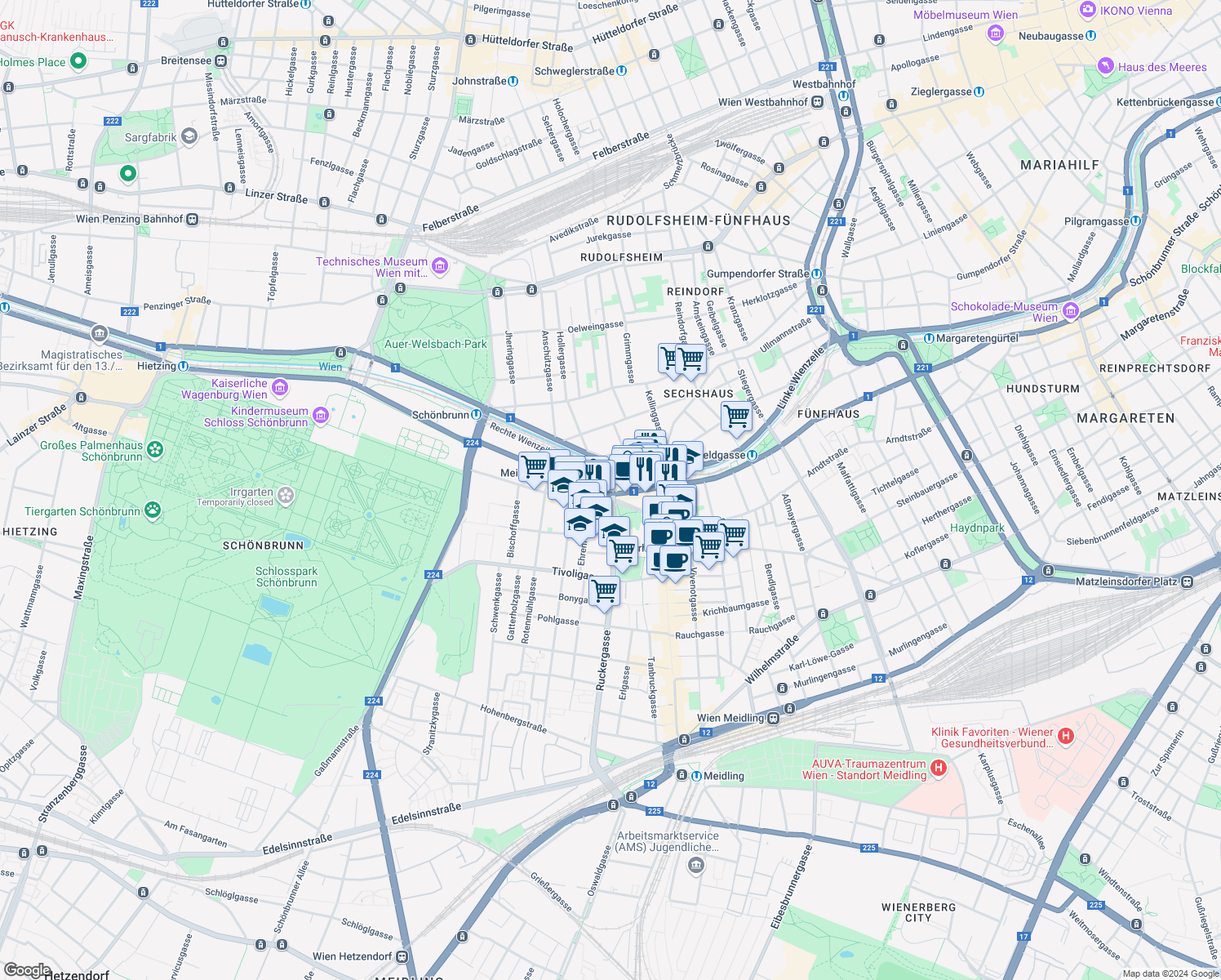 map of restaurants, bars, coffee shops, grocery stores, and more near 230 Schönbrunner Straße in Wien