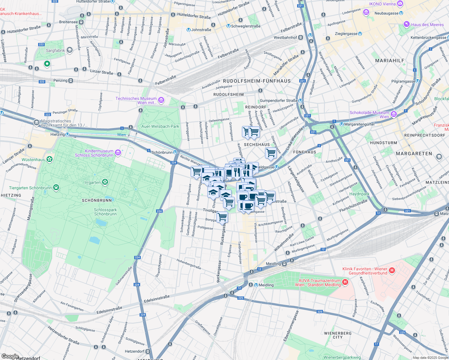 map of restaurants, bars, coffee shops, grocery stores, and more near 230 Schönbrunner Straße in Wien