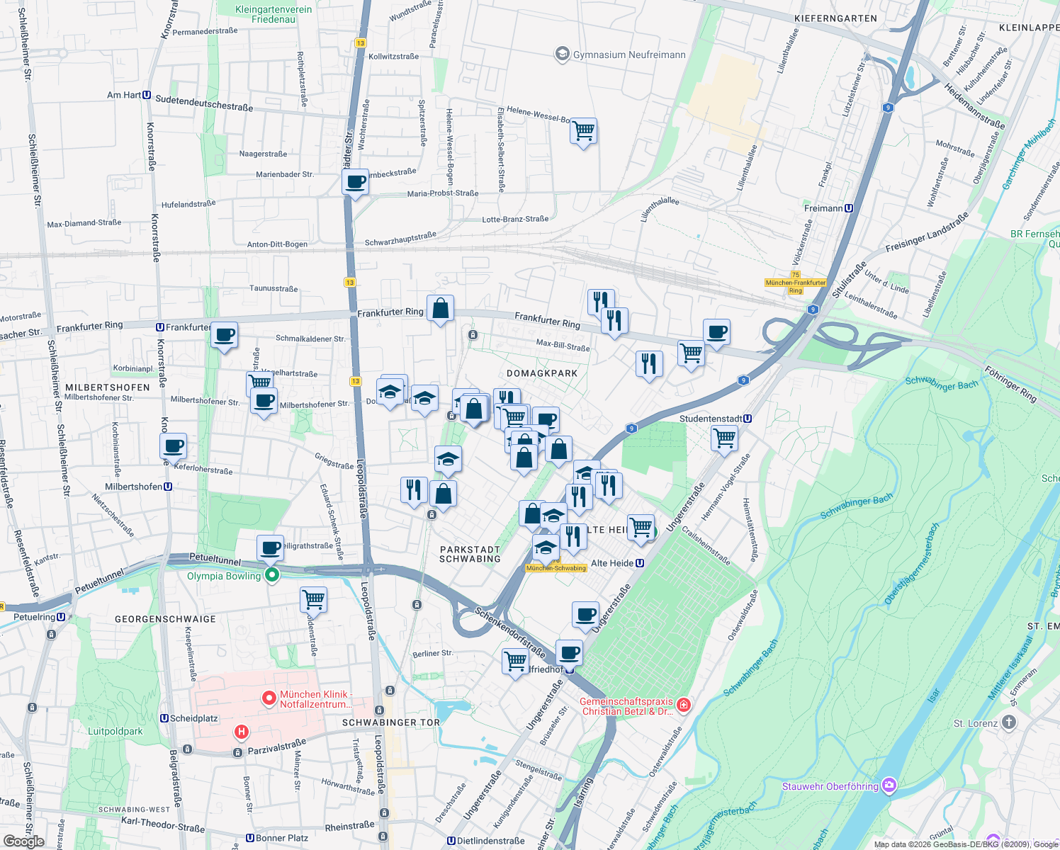 map of restaurants, bars, coffee shops, grocery stores, and more near Domagkstraße in München