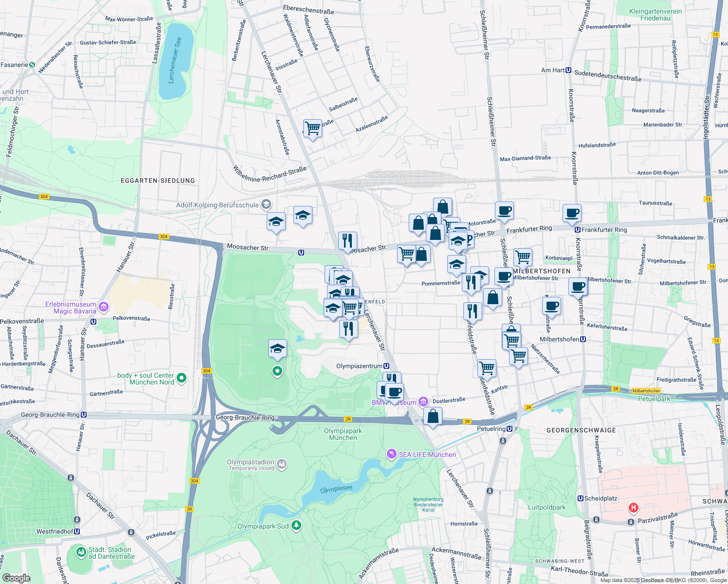 map of restaurants, bars, coffee shops, grocery stores, and more near 3 Preußenstraße in München