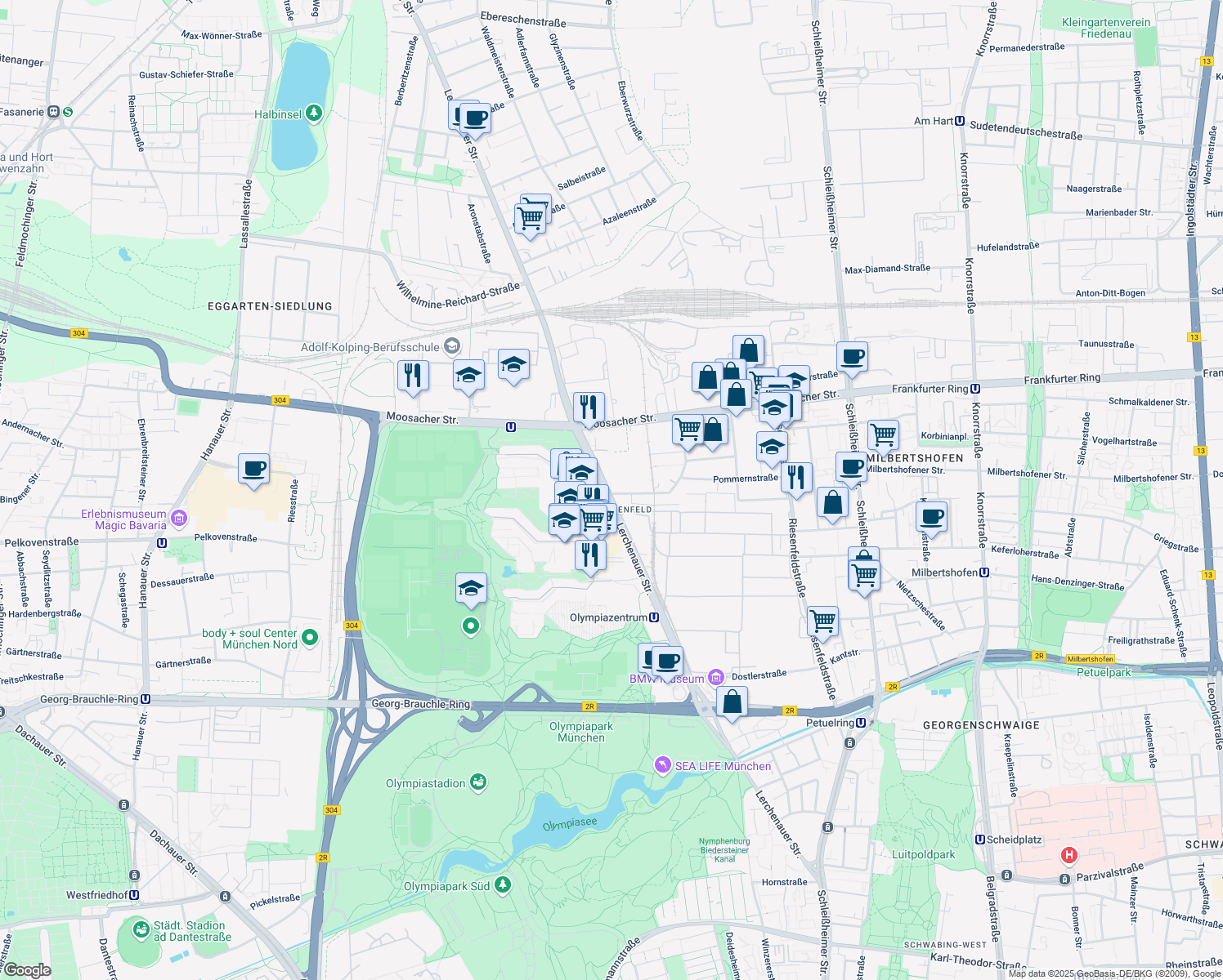 map of restaurants, bars, coffee shops, grocery stores, and more near 110 Lerchenauer Straße in München