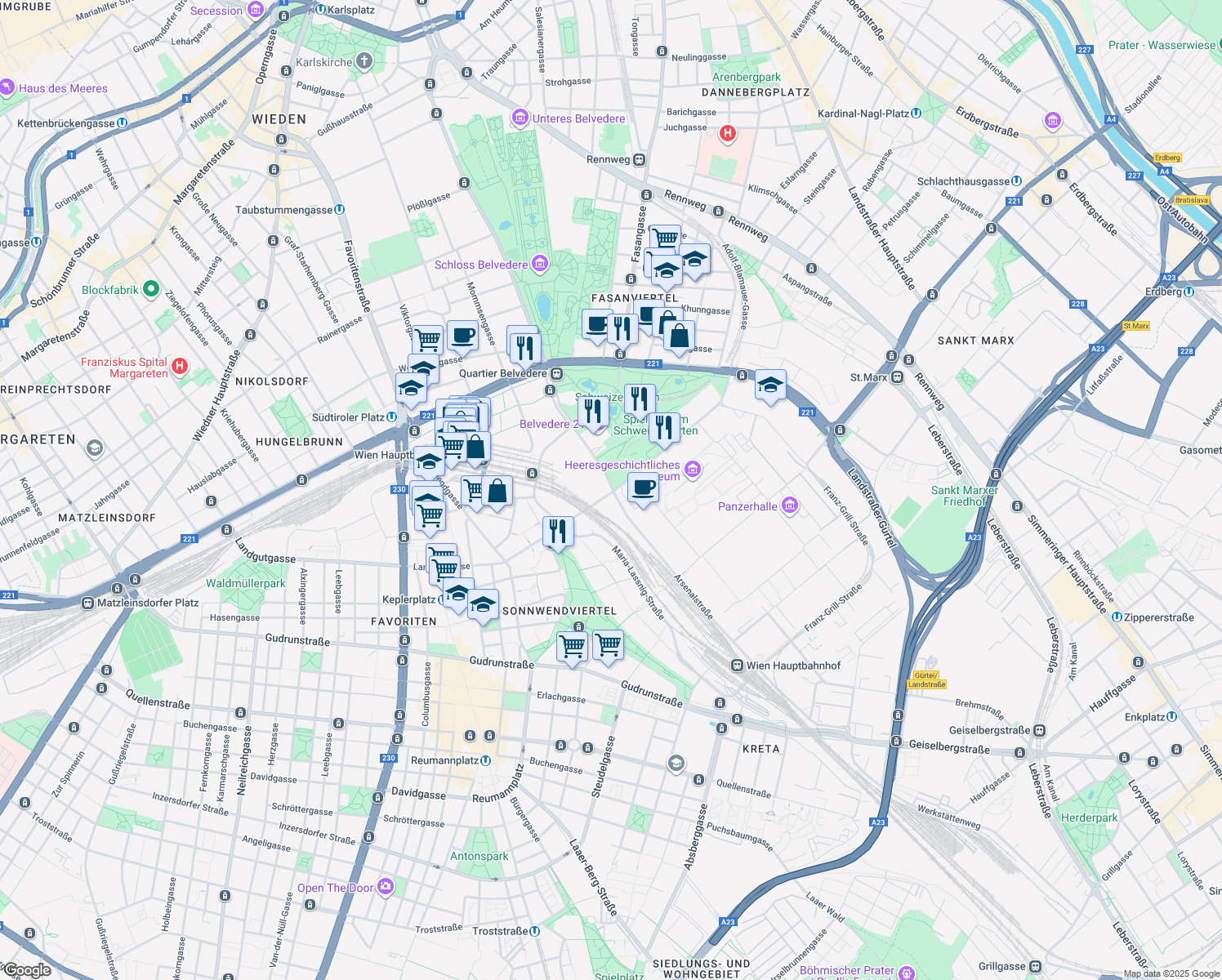 map of restaurants, bars, coffee shops, grocery stores, and more near Arsenalstraße in Wien