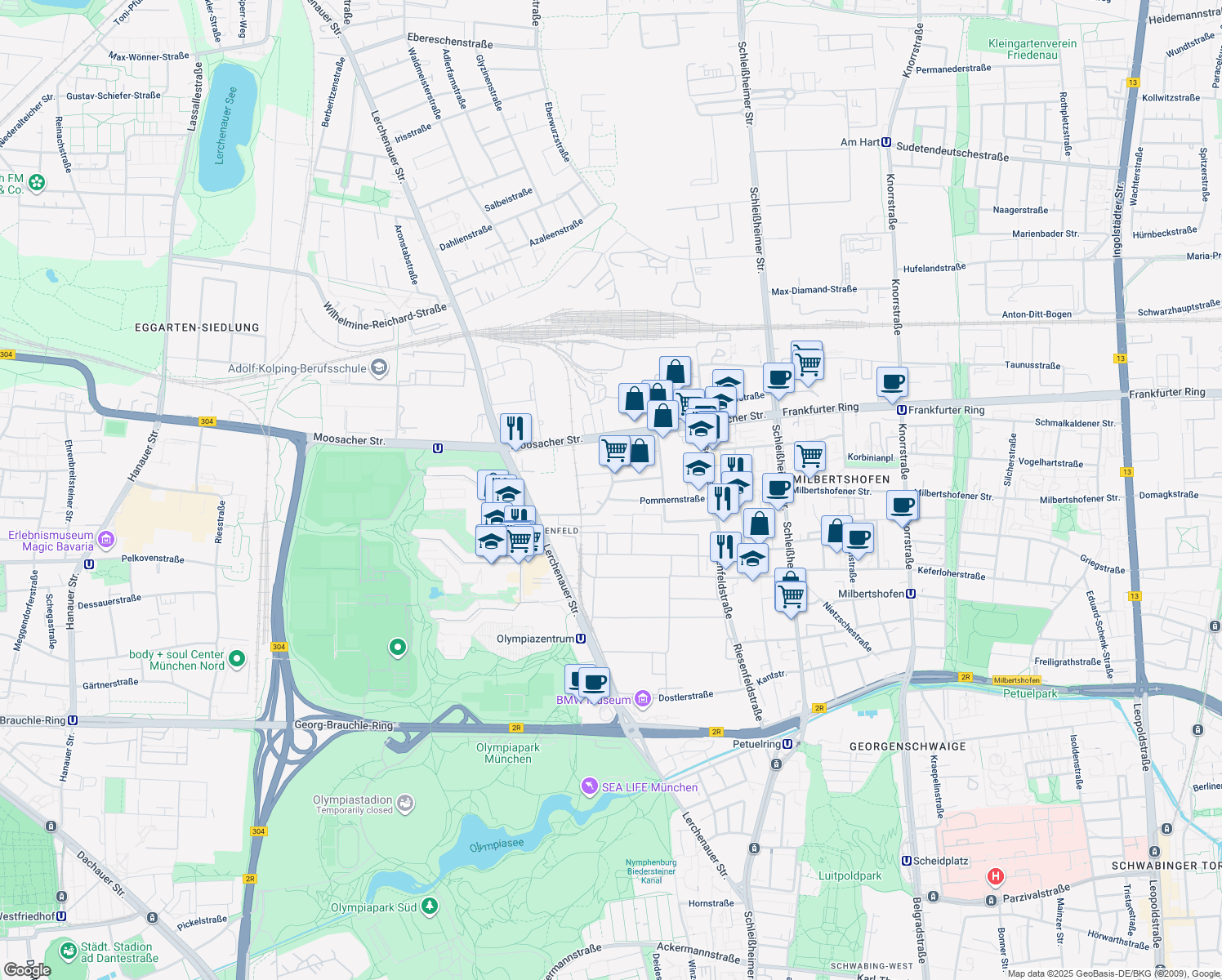 map of restaurants, bars, coffee shops, grocery stores, and more near 3 Preußenstraße in München