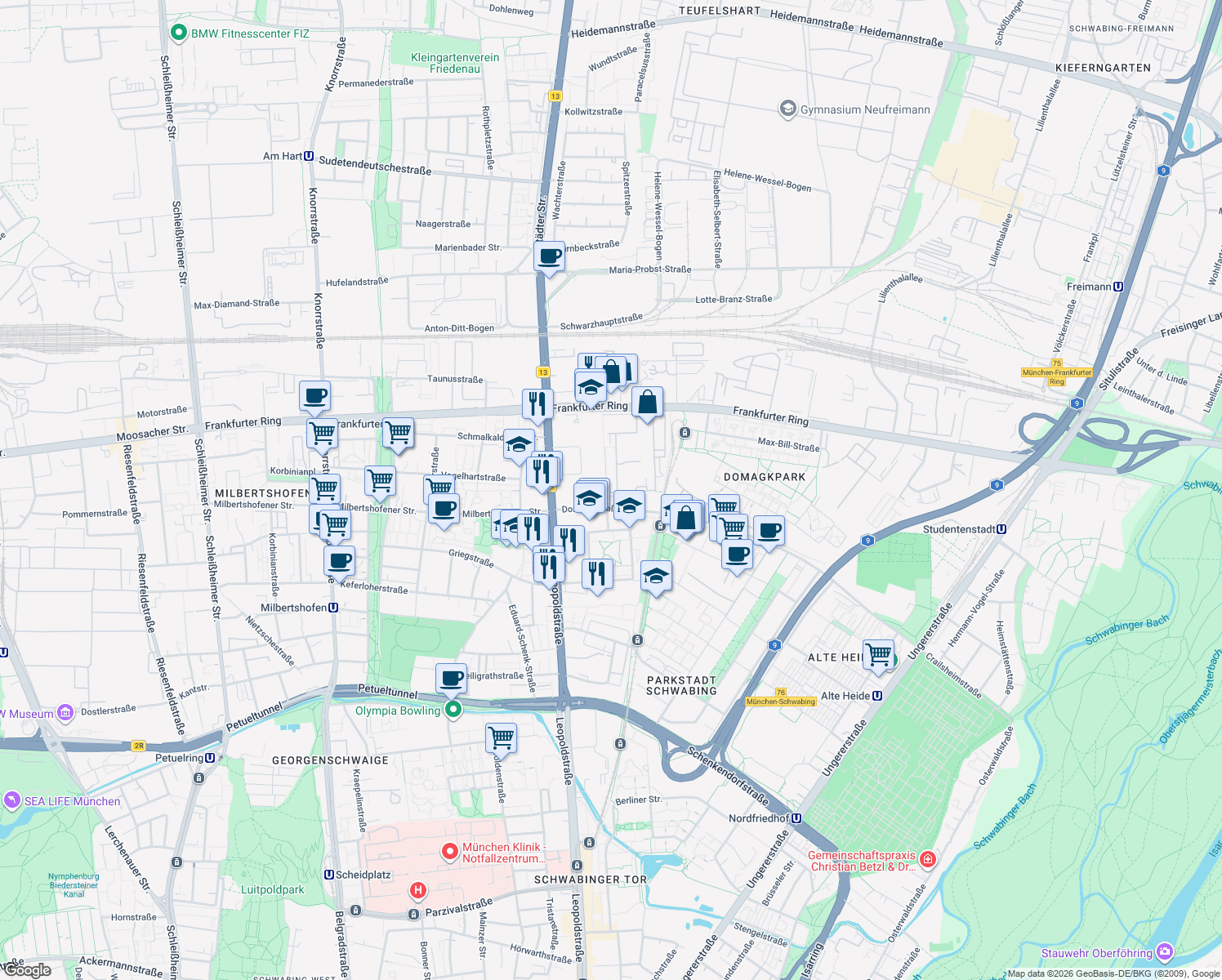 map of restaurants, bars, coffee shops, grocery stores, and more near Domagkstraße in München