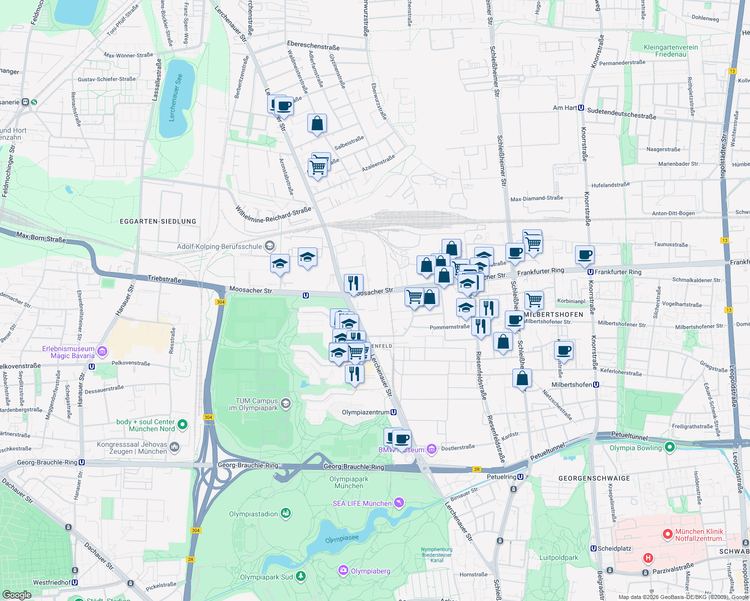map of restaurants, bars, coffee shops, grocery stores, and more near 84 - 67 Moosacher Straße in München