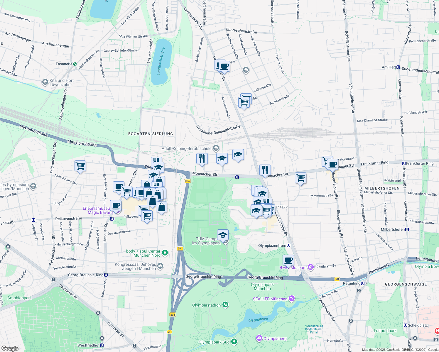 map of restaurants, bars, coffee shops, grocery stores, and more near 80 Moosacher Straße in München