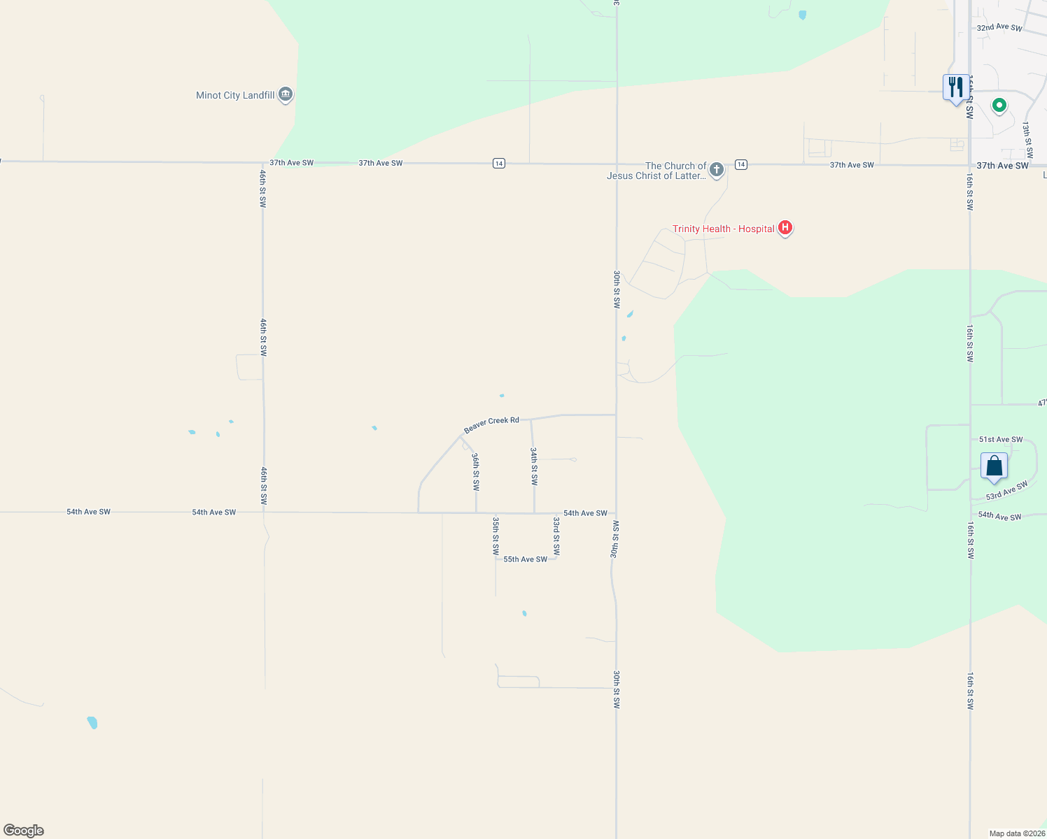 map of restaurants, bars, coffee shops, grocery stores, and more near Beaver Creek Road in Minot