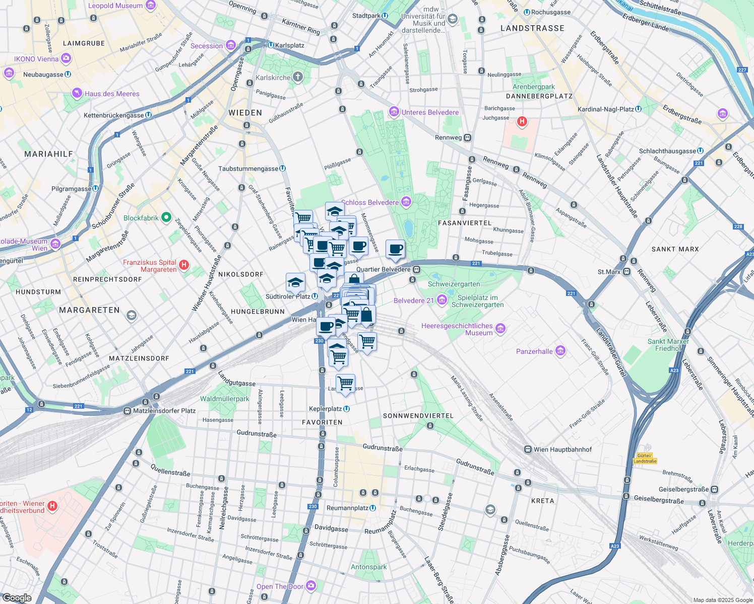 map of restaurants, bars, coffee shops, grocery stores, and more near 3 Gertrude-Fröhlich-Sandner-Straße in Wien