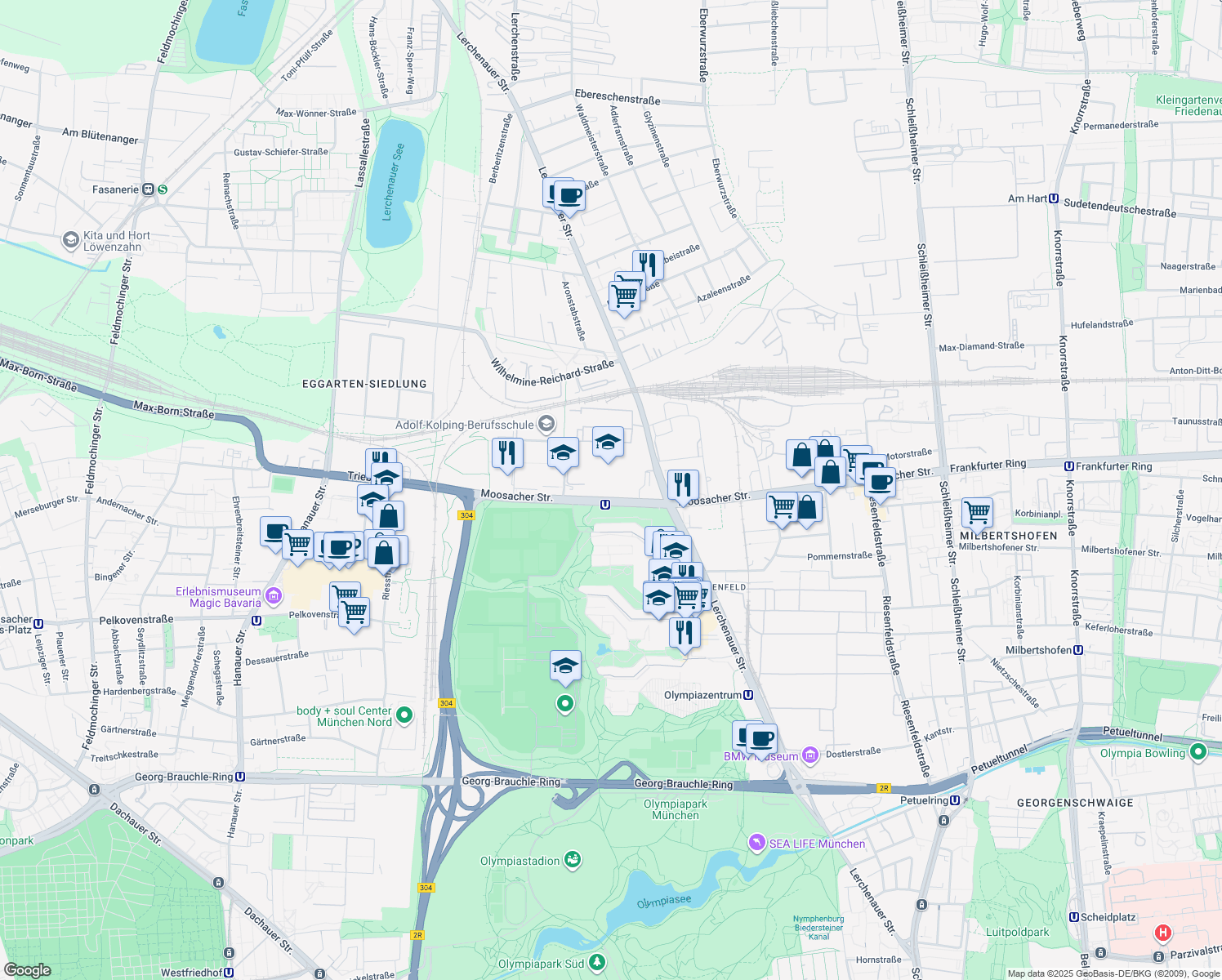 map of restaurants, bars, coffee shops, grocery stores, and more near 80 Moosacher Straße in München