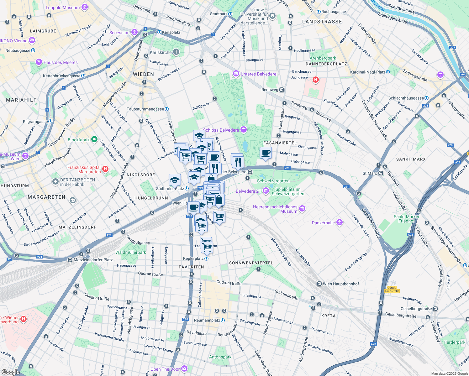 map of restaurants, bars, coffee shops, grocery stores, and more near 4 Karl-Popper-Straße in Wien