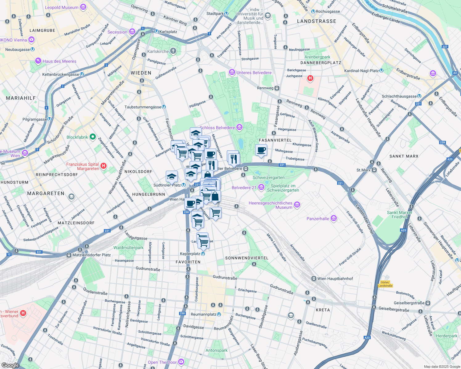 map of restaurants, bars, coffee shops, grocery stores, and more near 4 Karl-Popper-Straße in Wien