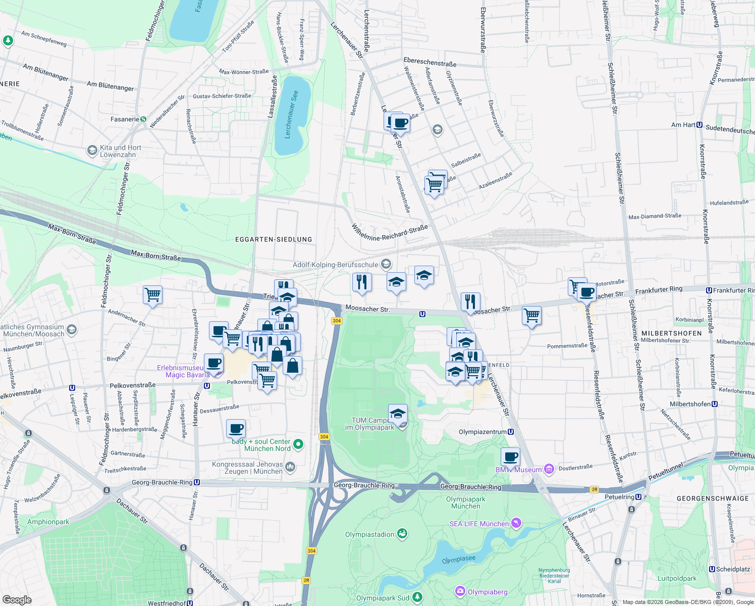map of restaurants, bars, coffee shops, grocery stores, and more near 84 - 67 Moosacher Straße in München