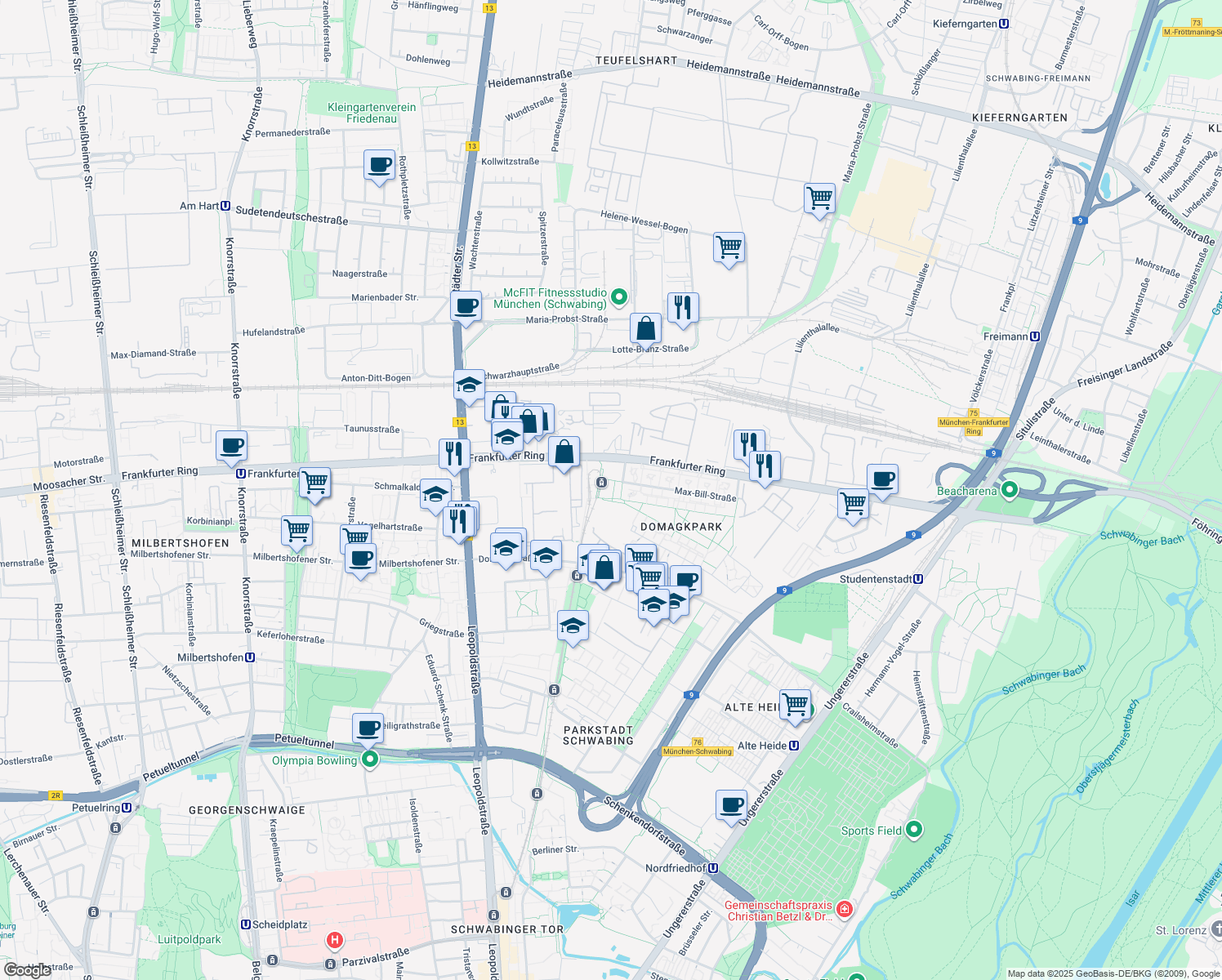 map of restaurants, bars, coffee shops, grocery stores, and more near 4 Bauhausplatz in München