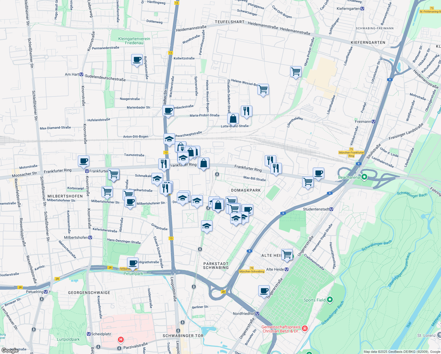 map of restaurants, bars, coffee shops, grocery stores, and more near 4 Bauhausplatz in München