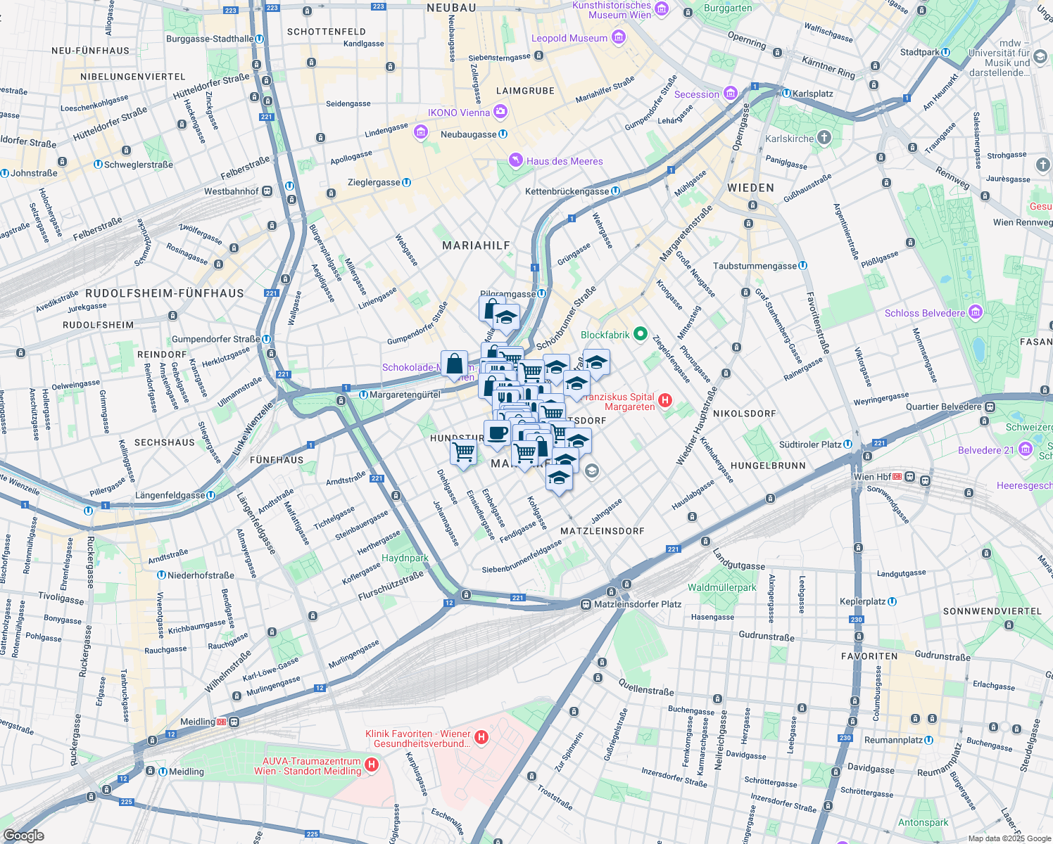 map of restaurants, bars, coffee shops, grocery stores, and more near 8 Schwarzhorngasse in Vienna