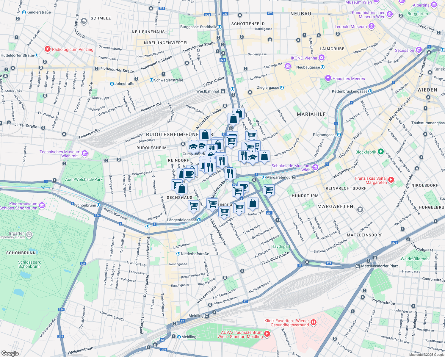 map of restaurants, bars, coffee shops, grocery stores, and more near 3 Graumanngasse in Wien