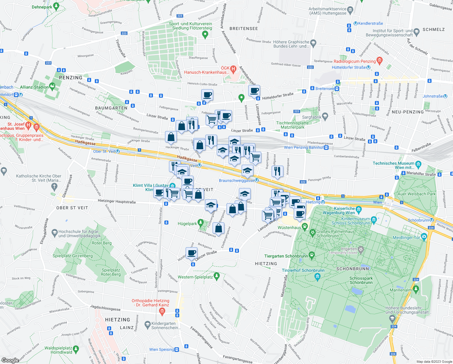 map of restaurants, bars, coffee shops, grocery stores, and more near 11 Schließmanngasse in Vienna