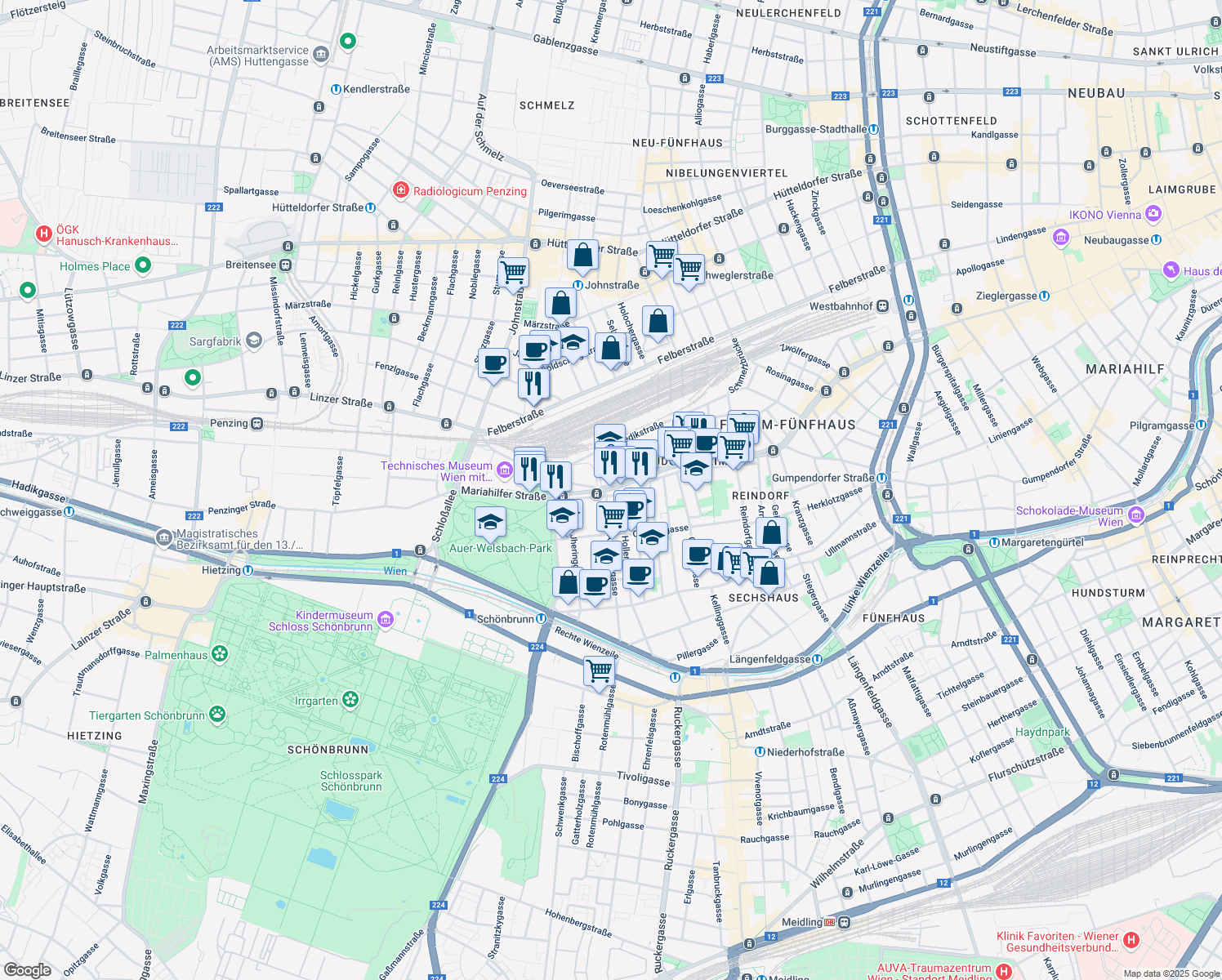 map of restaurants, bars, coffee shops, grocery stores, and more near 223 Mariahilfer Straße in Vienna