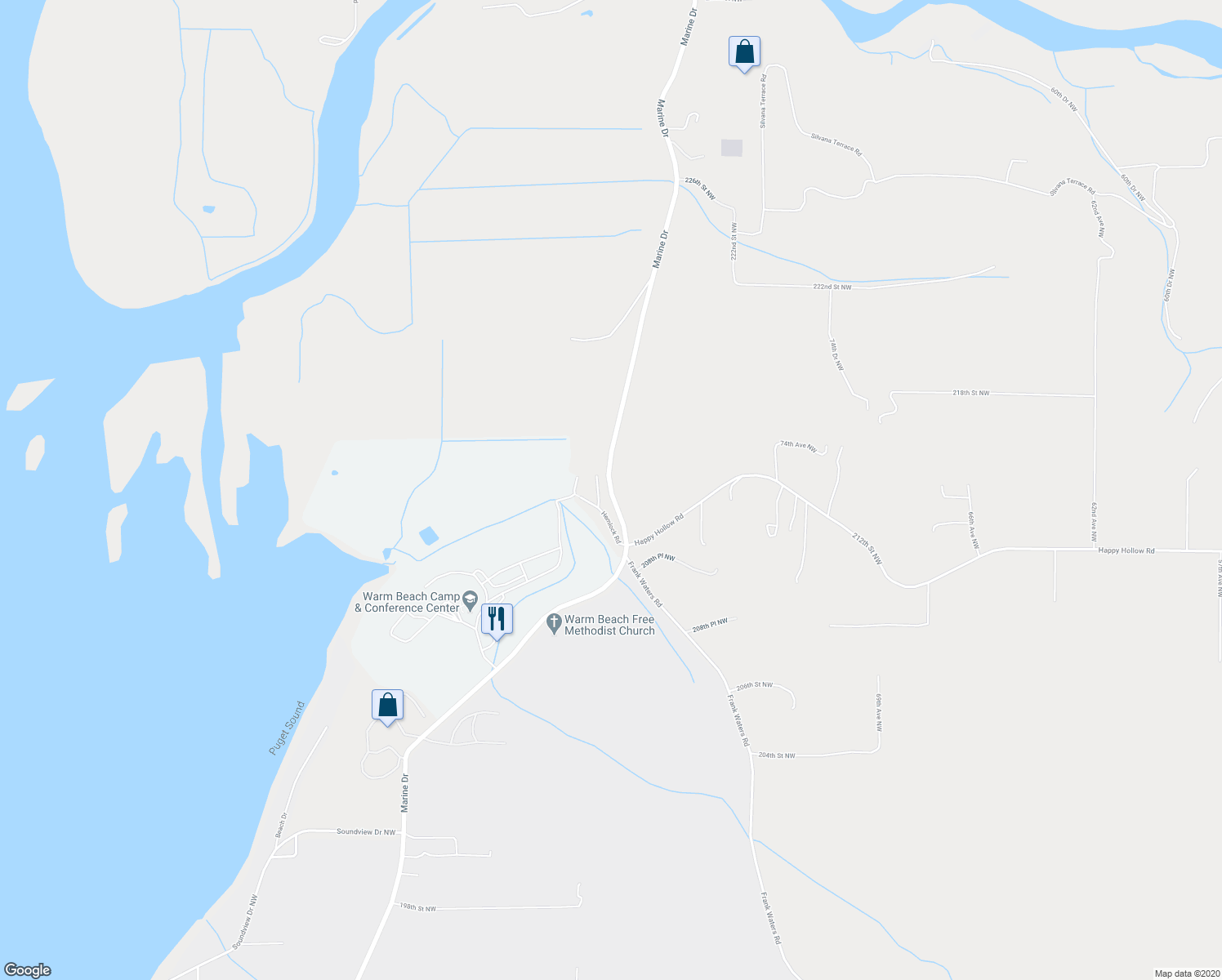 map of restaurants, bars, coffee shops, grocery stores, and more near Stanwood Road in Stanwood