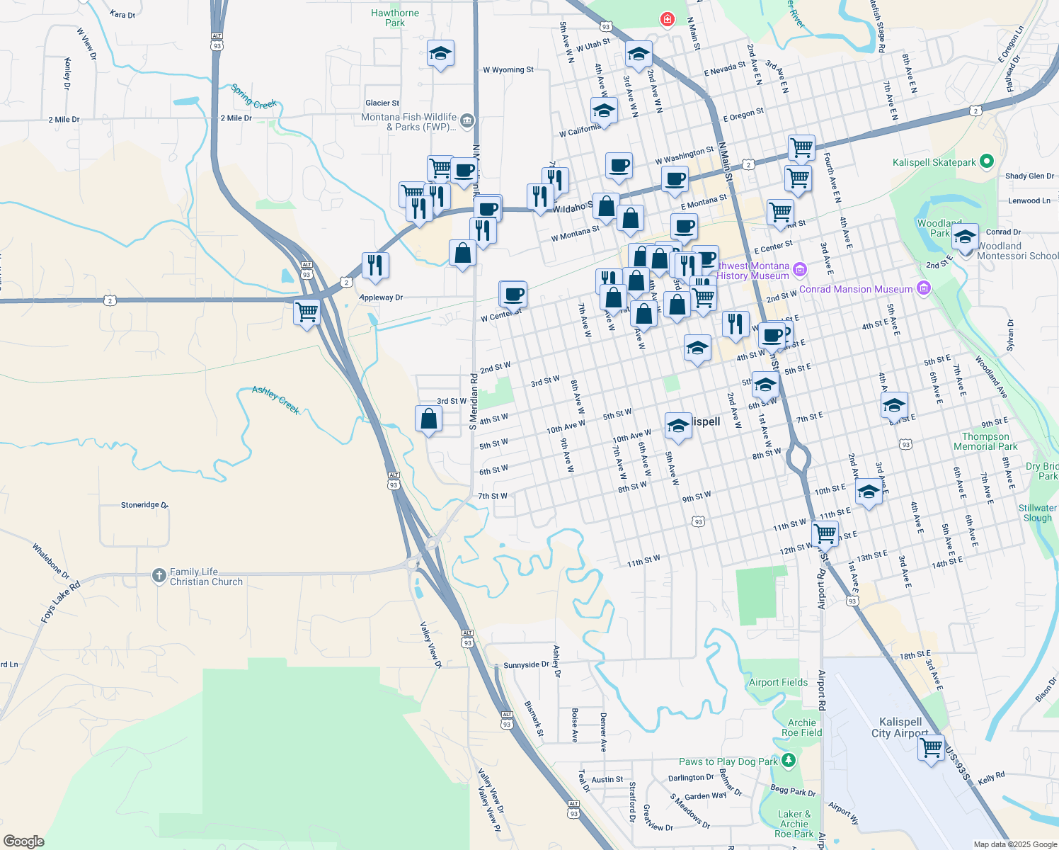 map of restaurants, bars, coffee shops, grocery stores, and more near 424 10th Avenue West in Kalispell