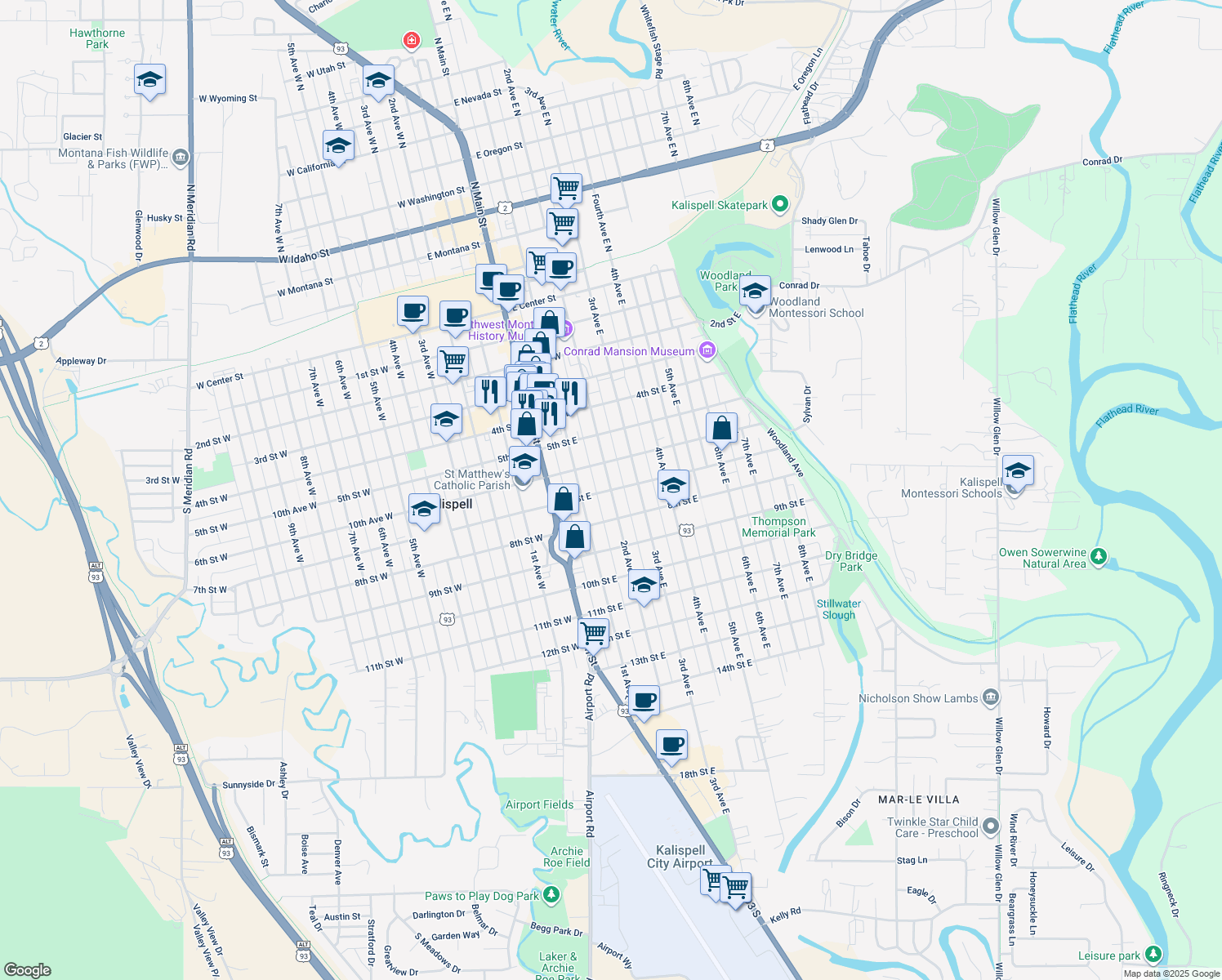 map of restaurants, bars, coffee shops, grocery stores, and more near 2nd Avenue East in Kalispell