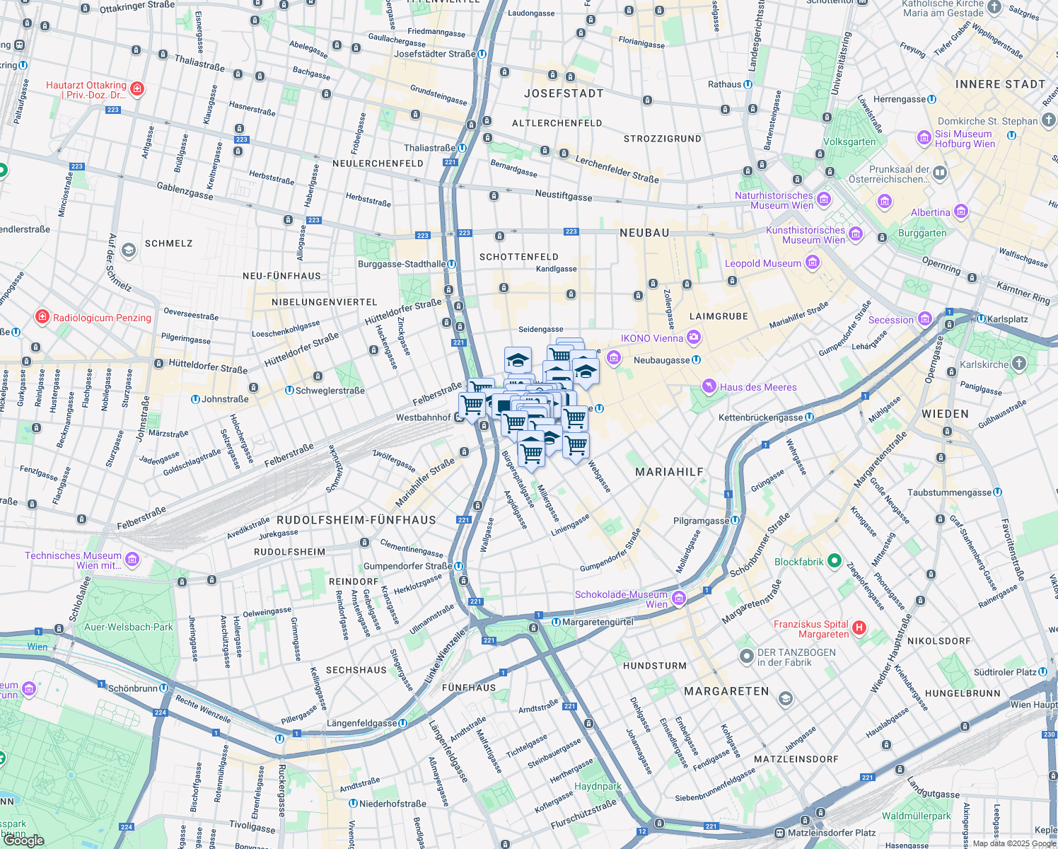 map of restaurants, bars, coffee shops, grocery stores, and more near 120 Mariahilfer Straße in Vienna