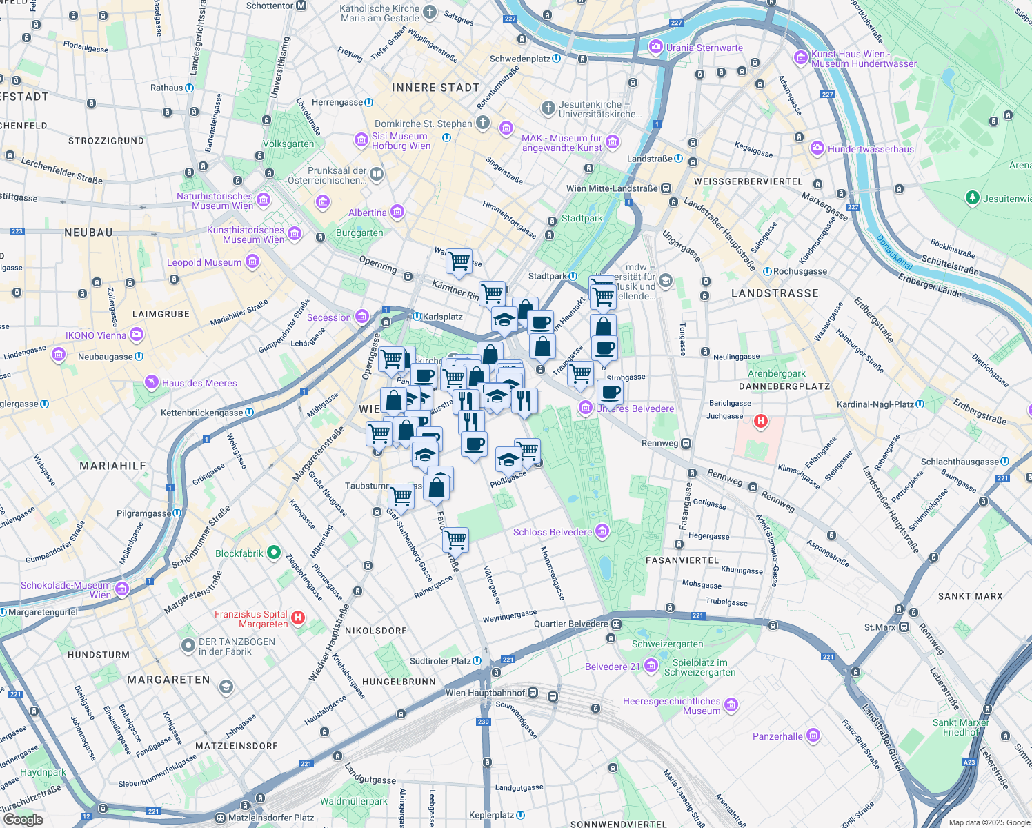 map of restaurants, bars, coffee shops, grocery stores, and more near 8 Prinz Eugen-Straße in Wien
