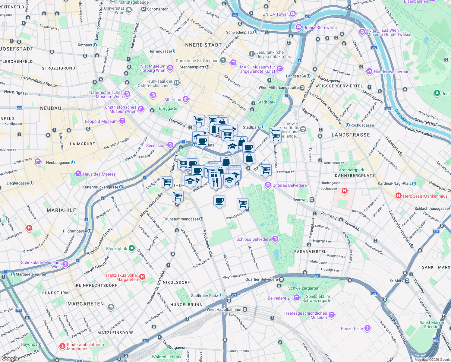 map of restaurants, bars, coffee shops, grocery stores, and more near 7 Schwindgasse in Vienna