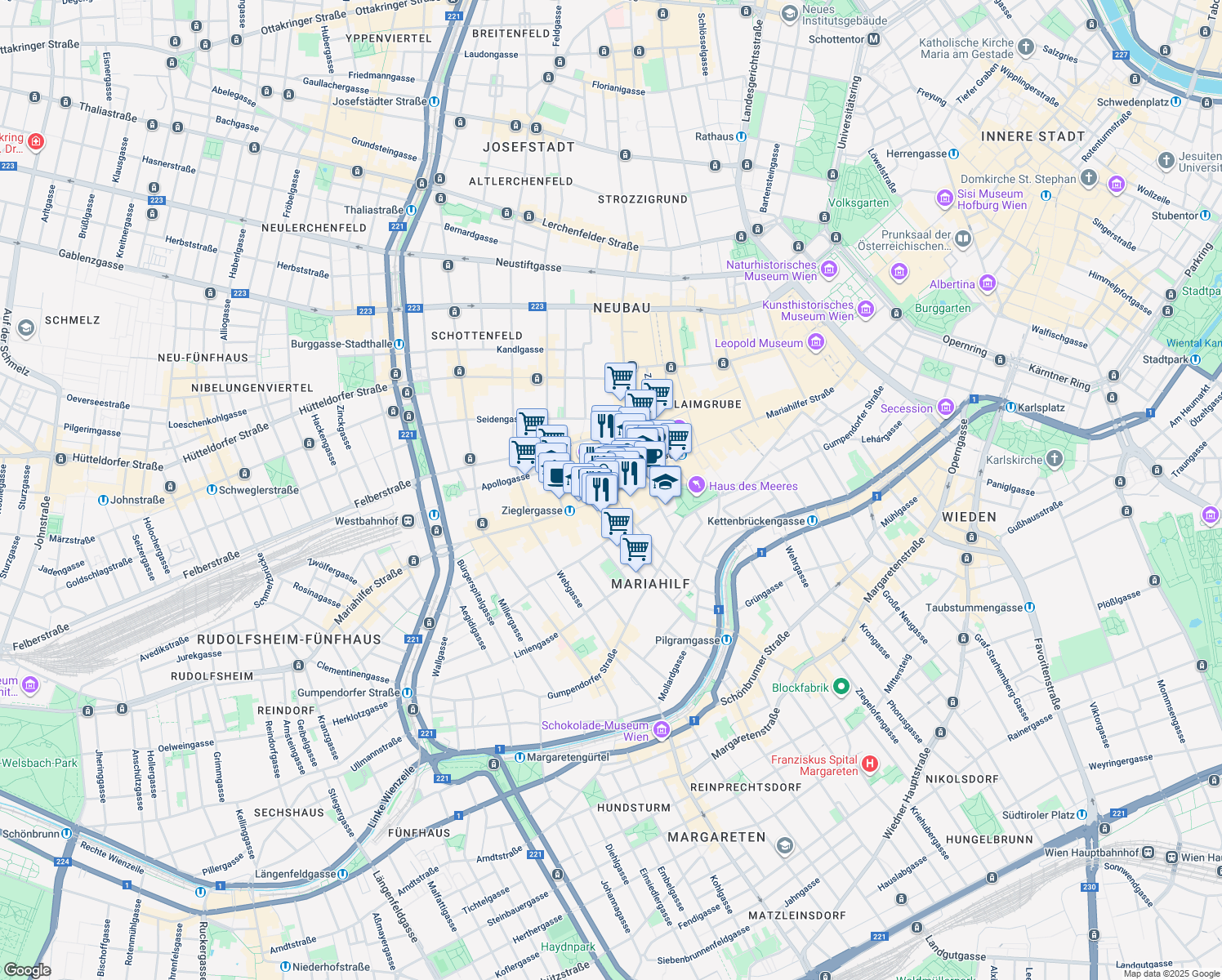 map of restaurants, bars, coffee shops, grocery stores, and more near 78-80 Mariahilfer Straße in Wien