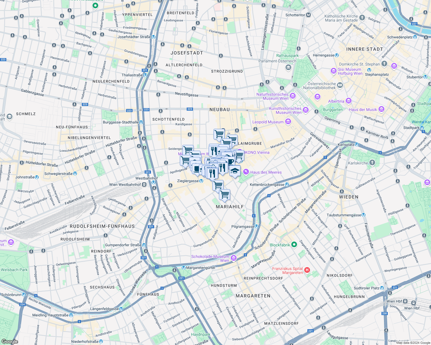 map of restaurants, bars, coffee shops, grocery stores, and more near 78-80 Mariahilfer Straße in Wien