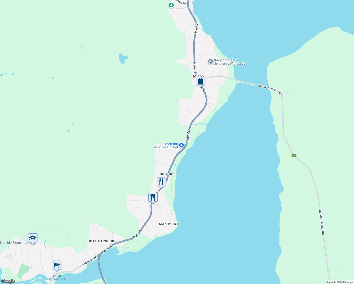 map of restaurants, bars, coffee shops, grocery stores, and more near 187 Balbo Drive in Clarenville