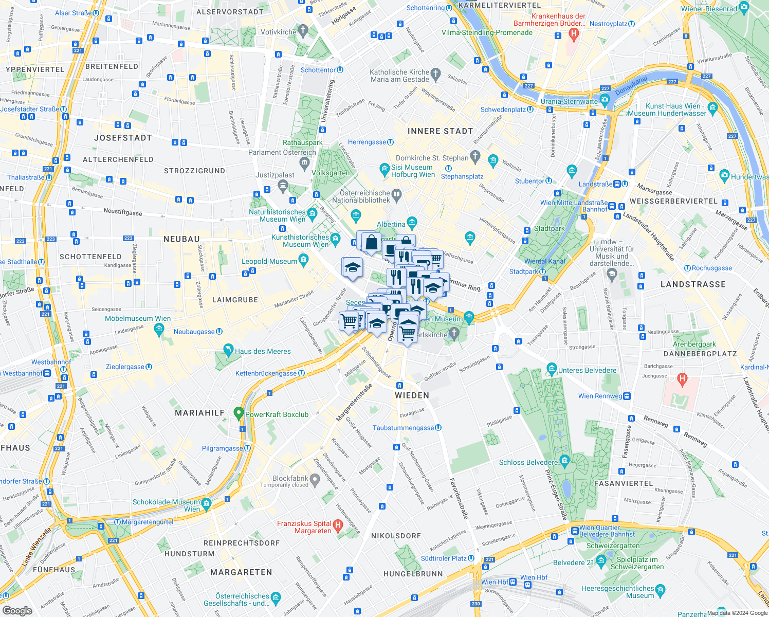 map of restaurants, bars, coffee shops, grocery stores, and more near 12 Friedrichstraße in Wien
