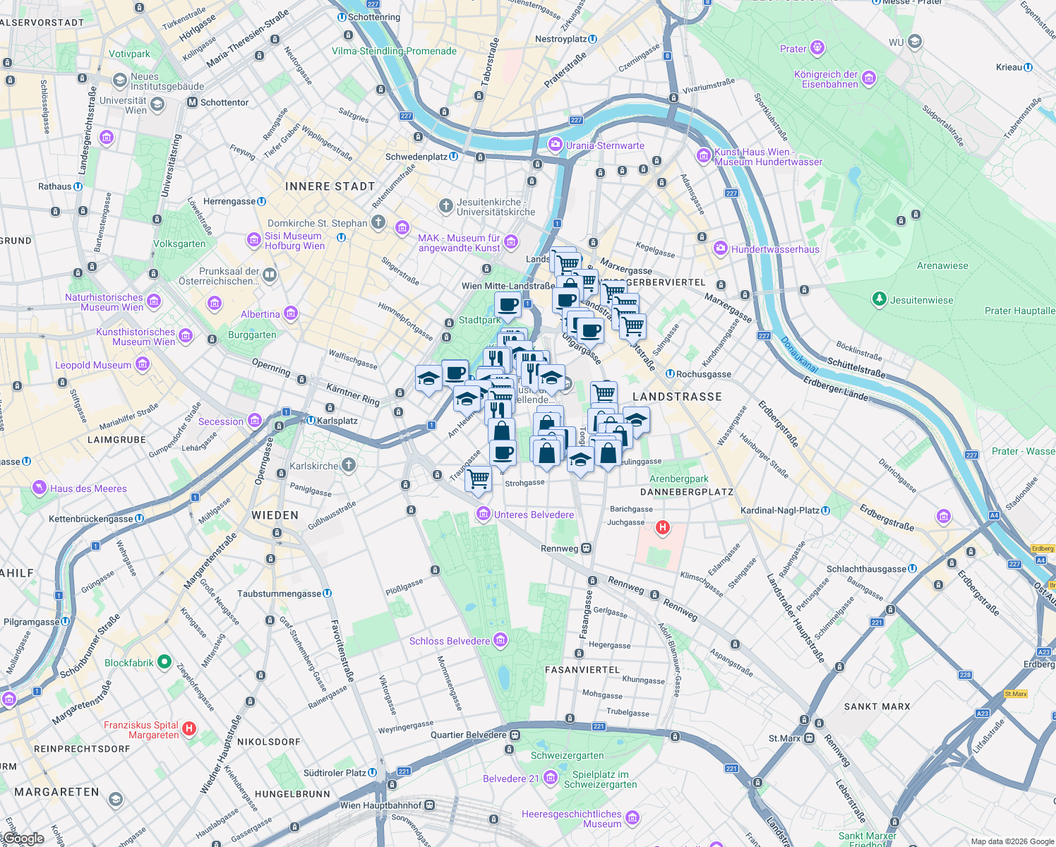 map of restaurants, bars, coffee shops, grocery stores, and more near 2 Gottfried-Keller-Gasse in Wien