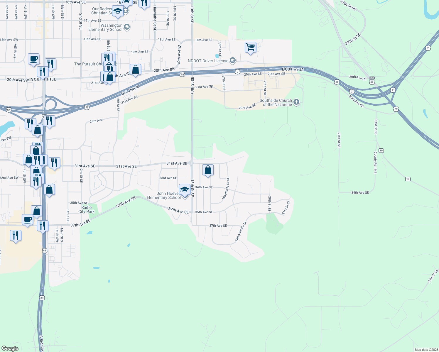 map of restaurants, bars, coffee shops, grocery stores, and more near Willow Lane in Minot