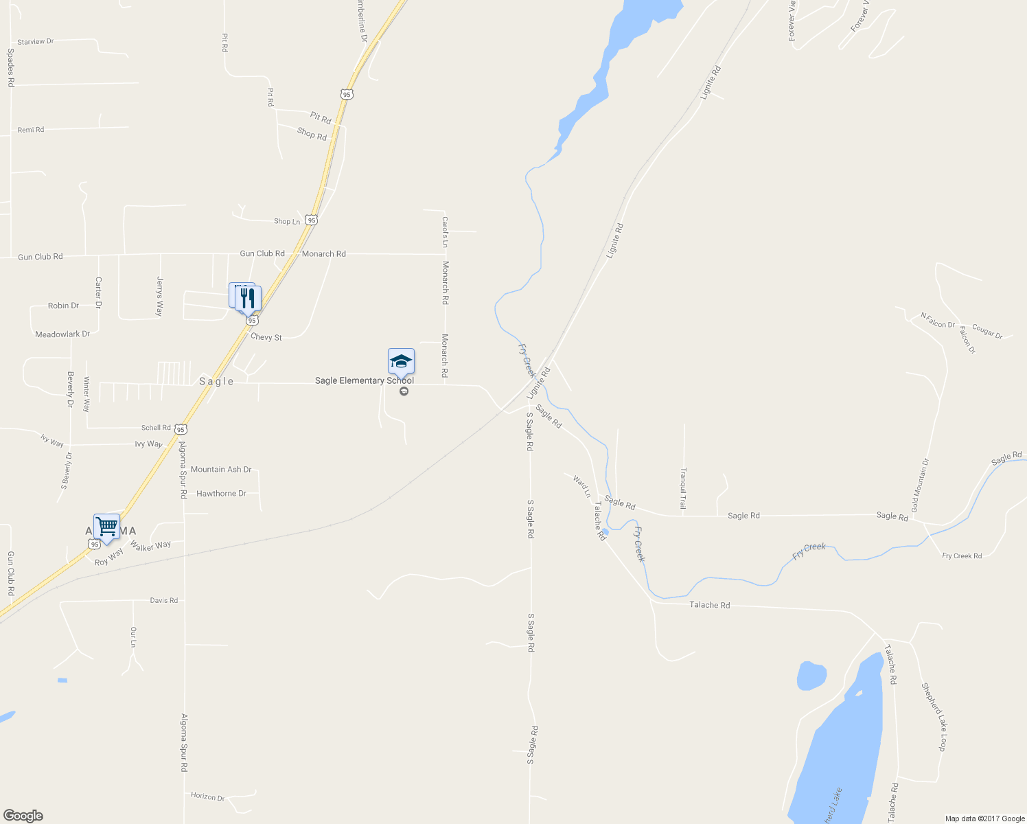 map of restaurants, bars, coffee shops, grocery stores, and more near 894 Sagle Road in Sagle