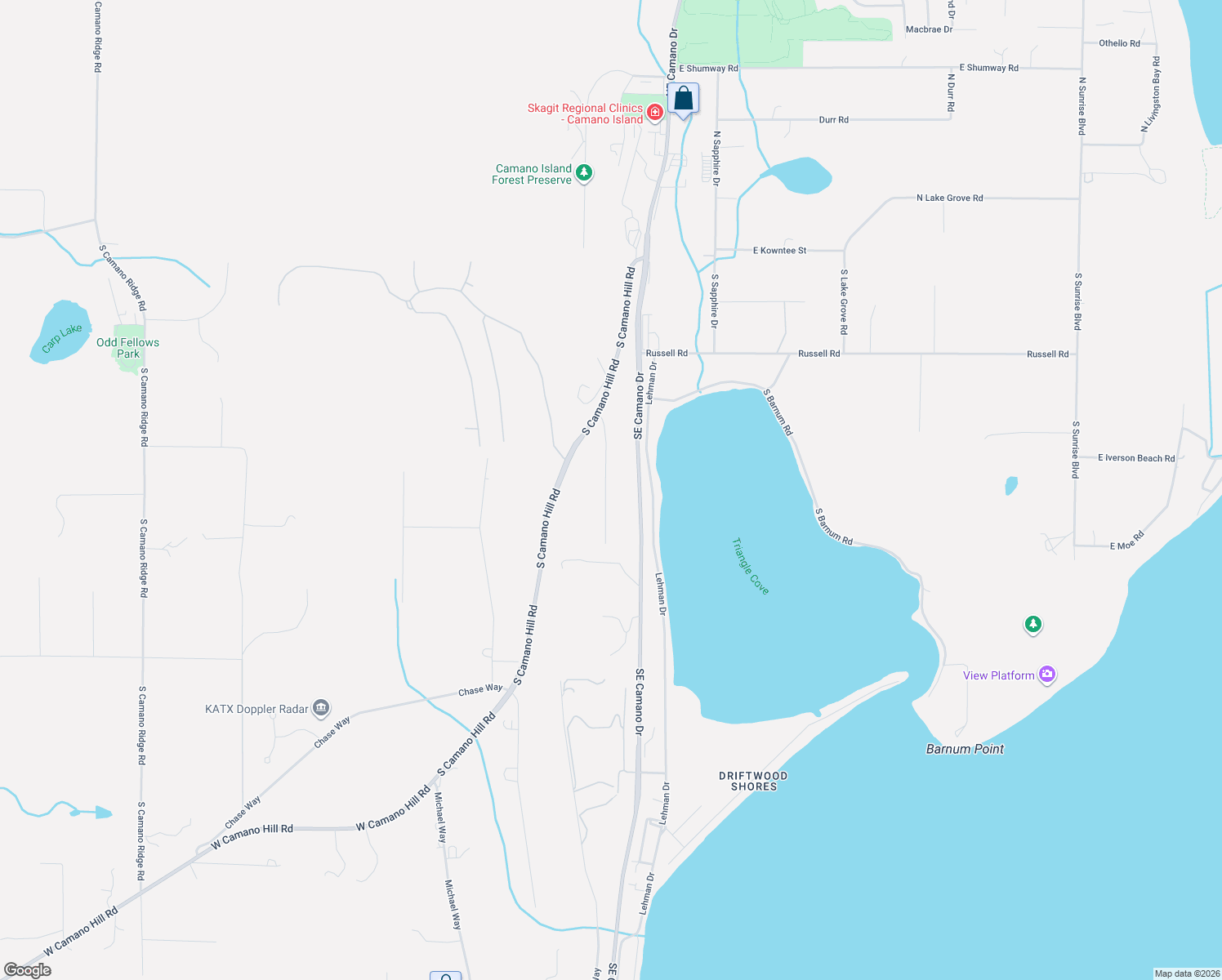 map of restaurants, bars, coffee shops, grocery stores, and more near 222 Triangle Cove Lane in Camano