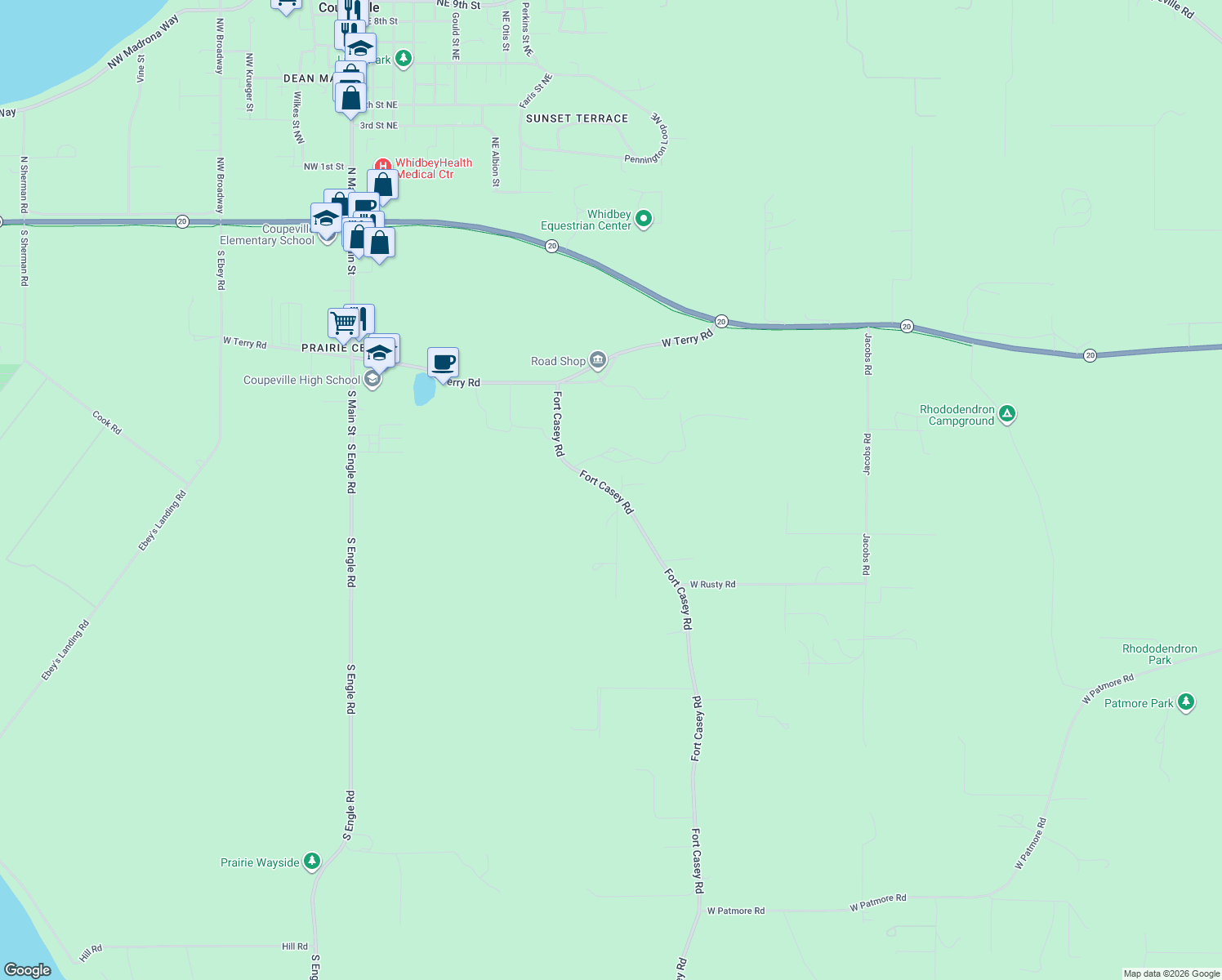 map of restaurants, bars, coffee shops, grocery stores, and more near 207 Fort Casey Rd in Coupeville