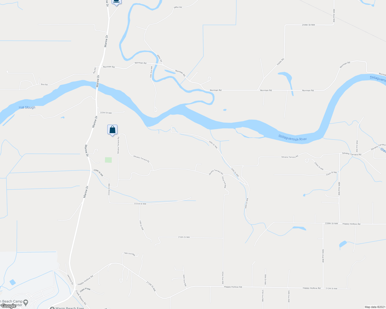 map of restaurants, bars, coffee shops, grocery stores, and more near 6601 Silvana Terrace Road in Stanwood