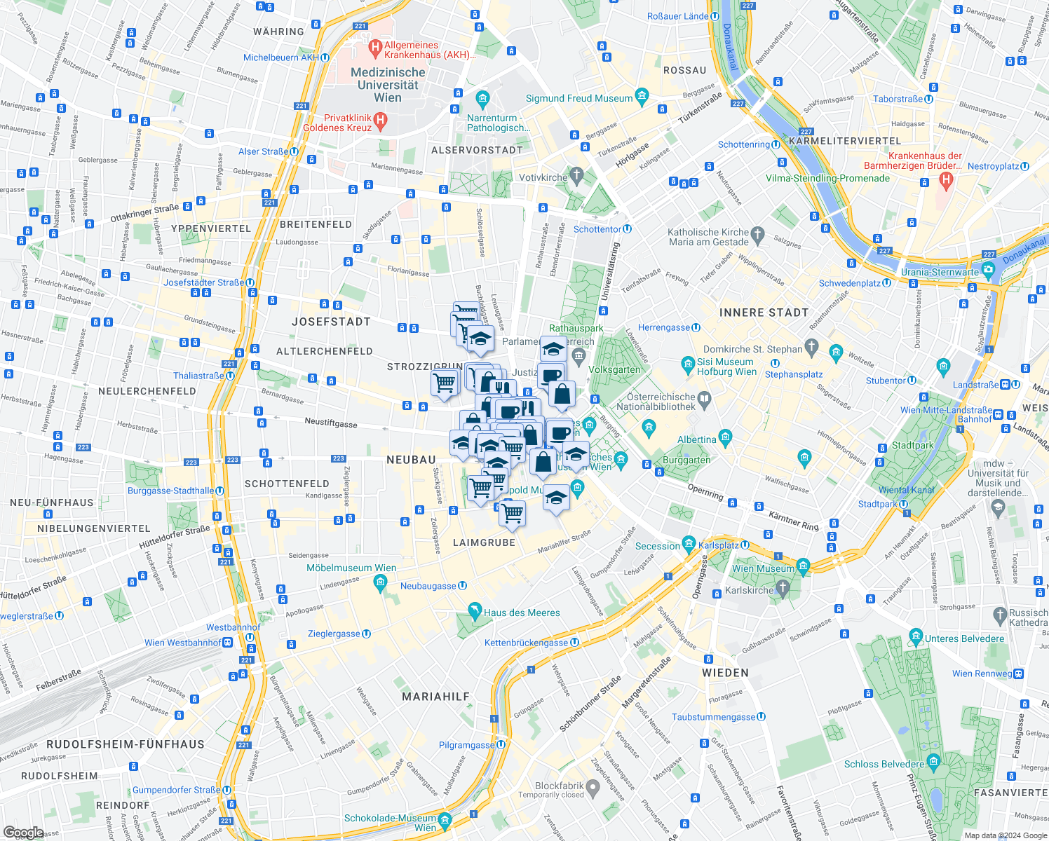 map of restaurants, bars, coffee shops, grocery stores, and more near 7 Museumstraße in Wien