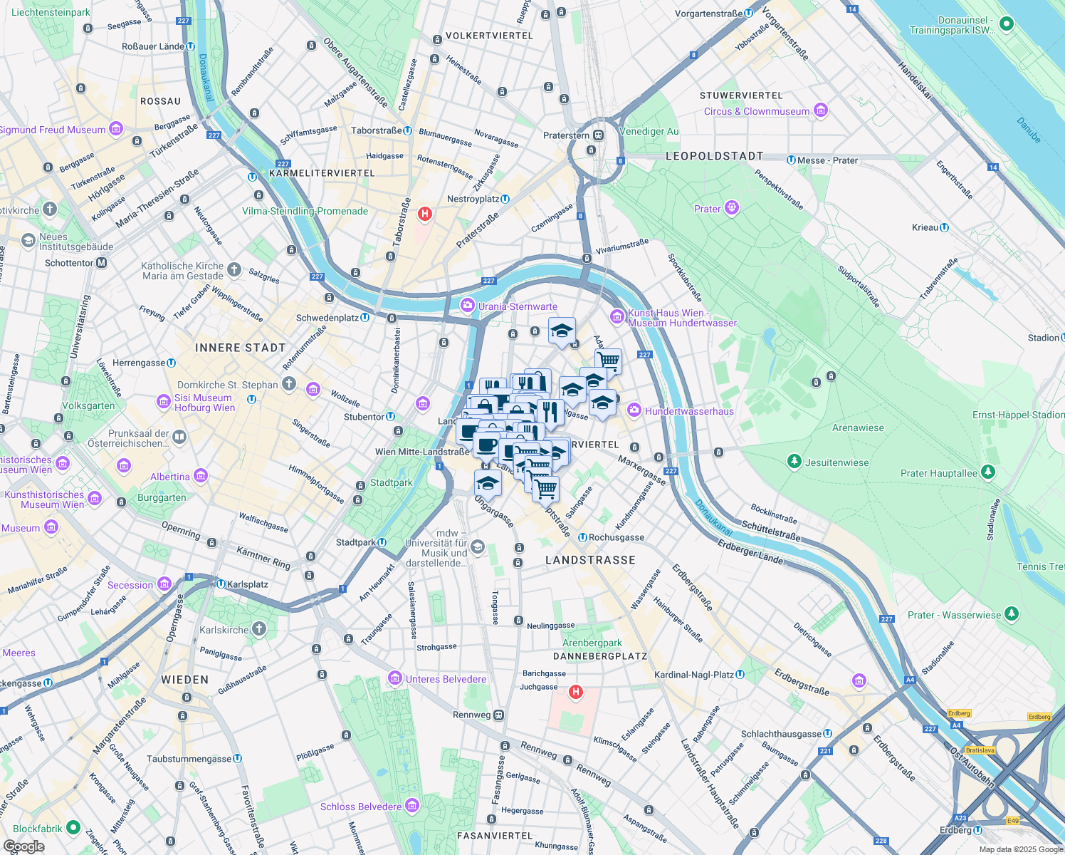 map of restaurants, bars, coffee shops, grocery stores, and more near 5 Marxergasse in Vienna