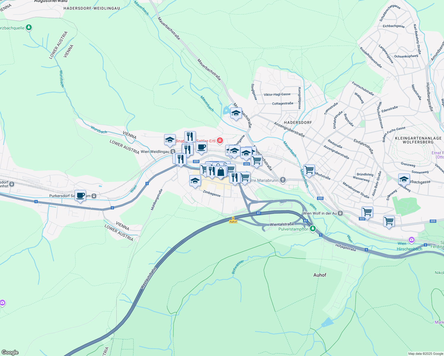 map of restaurants, bars, coffee shops, grocery stores, and more near 6 Albert-Schweitzer-Gasse in Wien