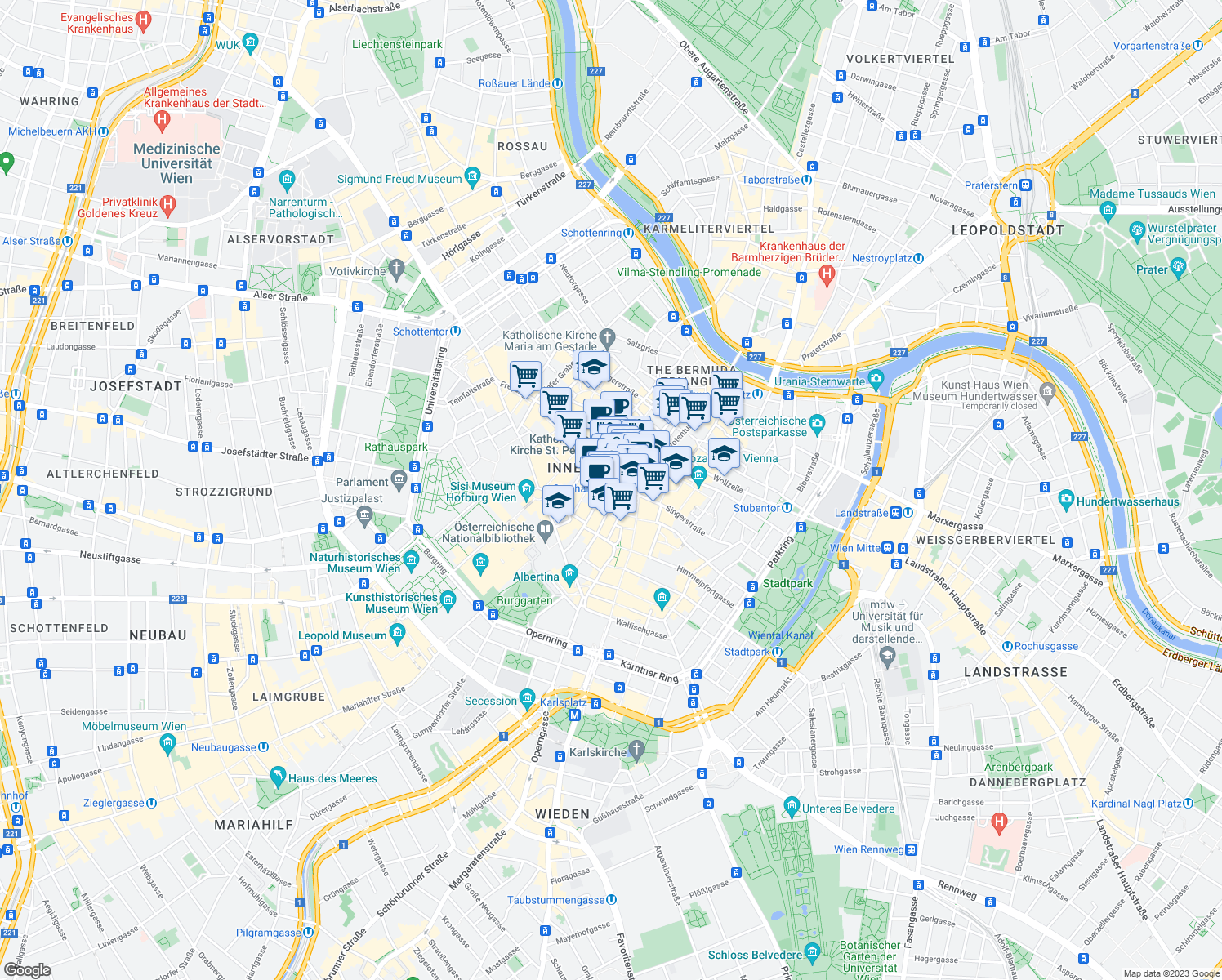 map of restaurants, bars, coffee shops, grocery stores, and more near 10 Graben in Vienna