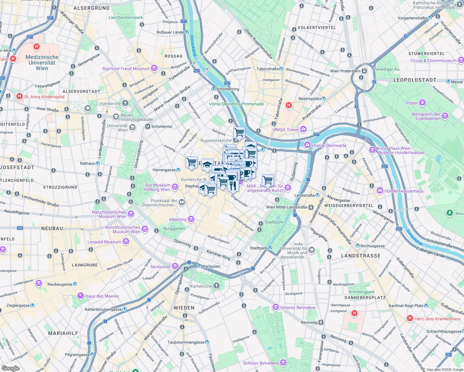 map of restaurants, bars, coffee shops, grocery stores, and more near 7 Museumstraße in Wien