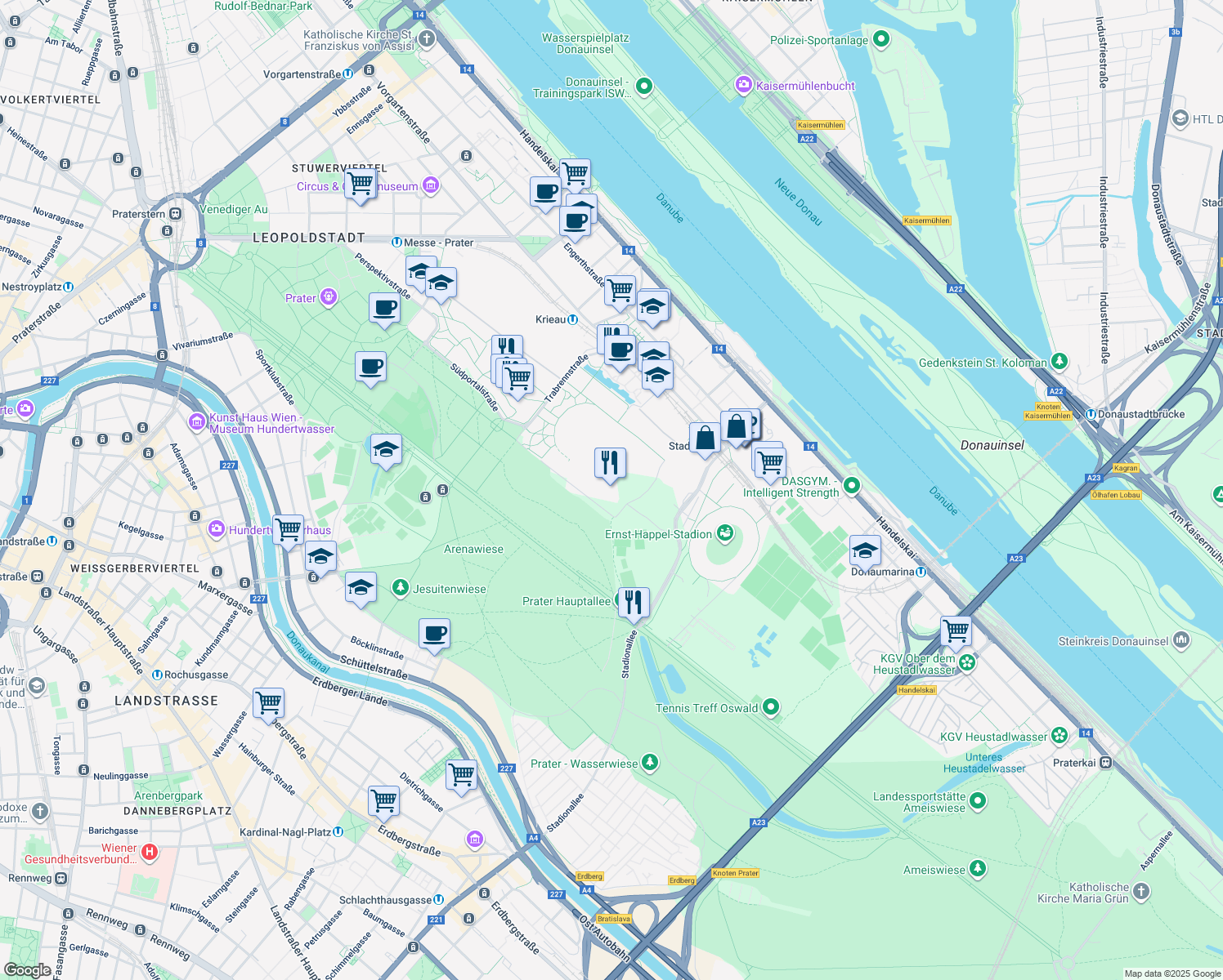 map of restaurants, bars, coffee shops, grocery stores, and more near in Vienna